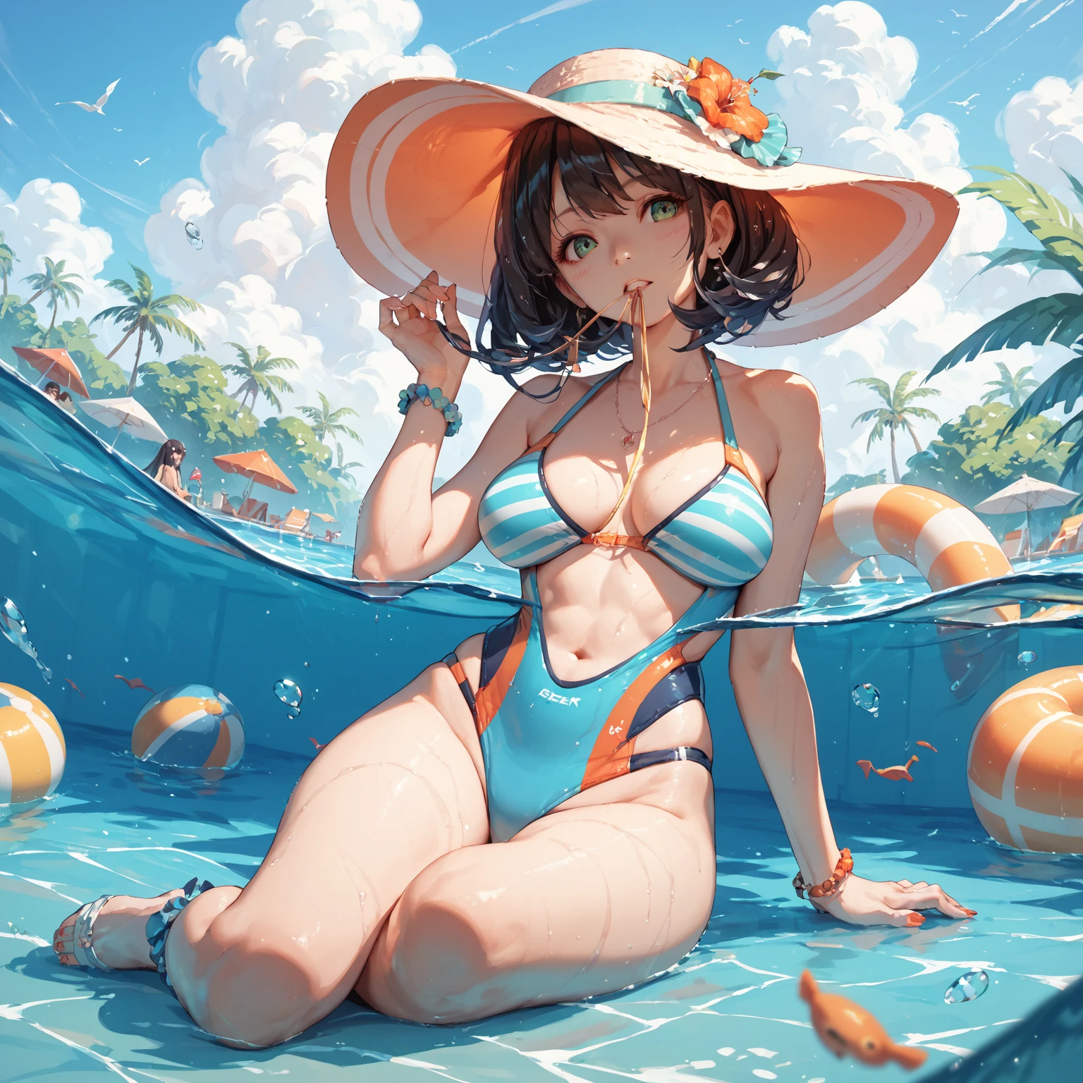 1girl, large breasts, drowning, eating a banana, submerged, voluptuous, bathing suit, underwater, liminal horror, masterpiece, best horror