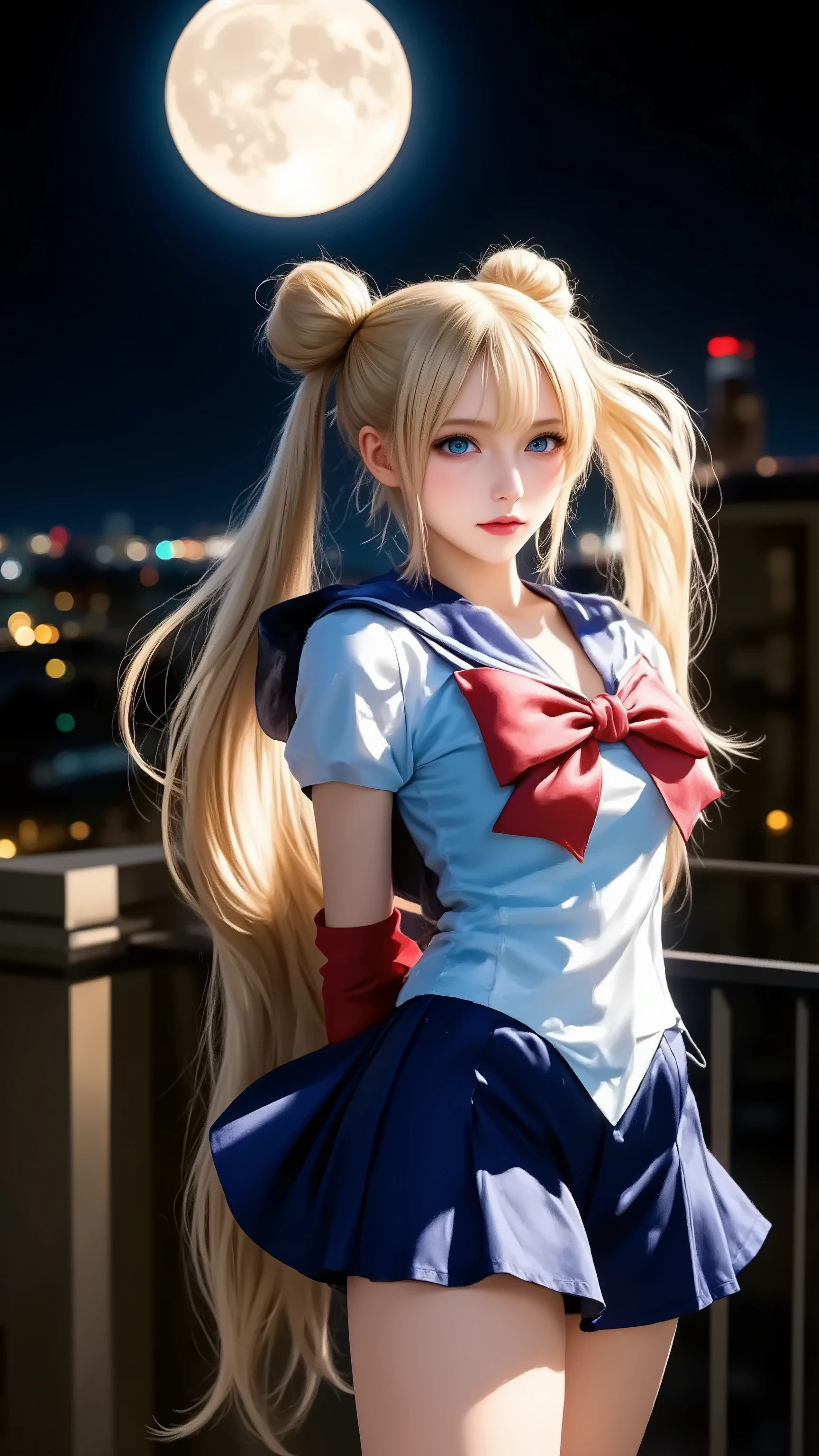 High Quality, masterpiece, expressed in every detail, Sailor Moon, bust up, blond long hair, twin tails, blue eyes, white sailor suit, red ribbon, Moon Tiara , standing on the roof of a building, Nighttime Cityscapes, Pose with your right hand raised up, composition with a large full moon floating on the palm of your hand, The moon takes up one-third of the screen, mysterious light emitted from the moon, face illuminated by moonlight, determined expression, Night Sky, city lights, Magical Aura, Dramatic Lighting, 8K resolution