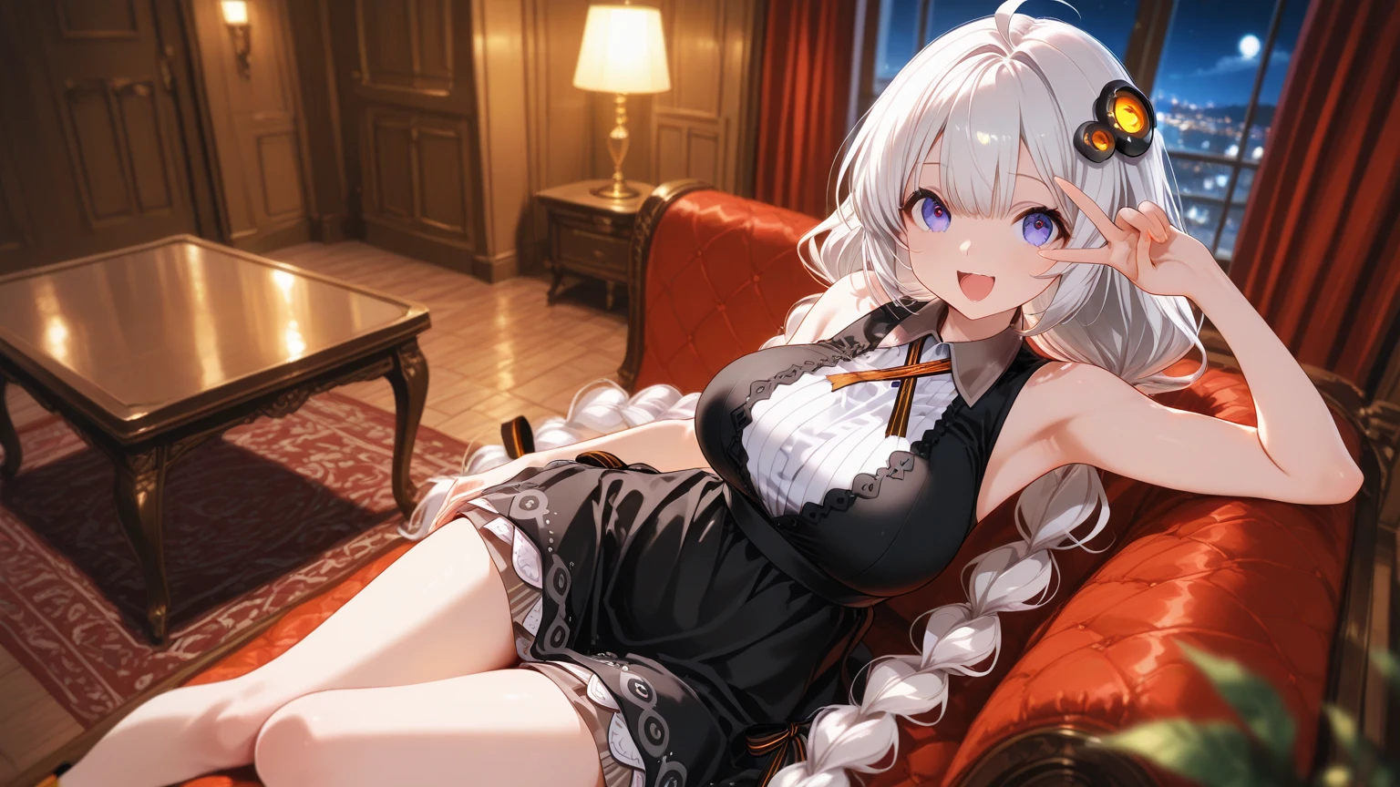 ((masterpiece)),(best quality), ((extremely detailed CG unity 4k wallpaper)),(cinematic lighting), (an extremely delicate and beautiful evil girl:1.3),moon light ,face, fixed eye, hand fixed (++silver hair++), blue eyes, long hair, jewelry,earrings, :d, maid, labrynth,mouth closed, pink lips, 
Large breast ,(Crystal chandelier), horn ,evil face ,indoor ,hand over hip , sitting, beautiful crossed leg in detailed,  all body , leg fixed , view from below down , worship , fixed foot , fixed toe