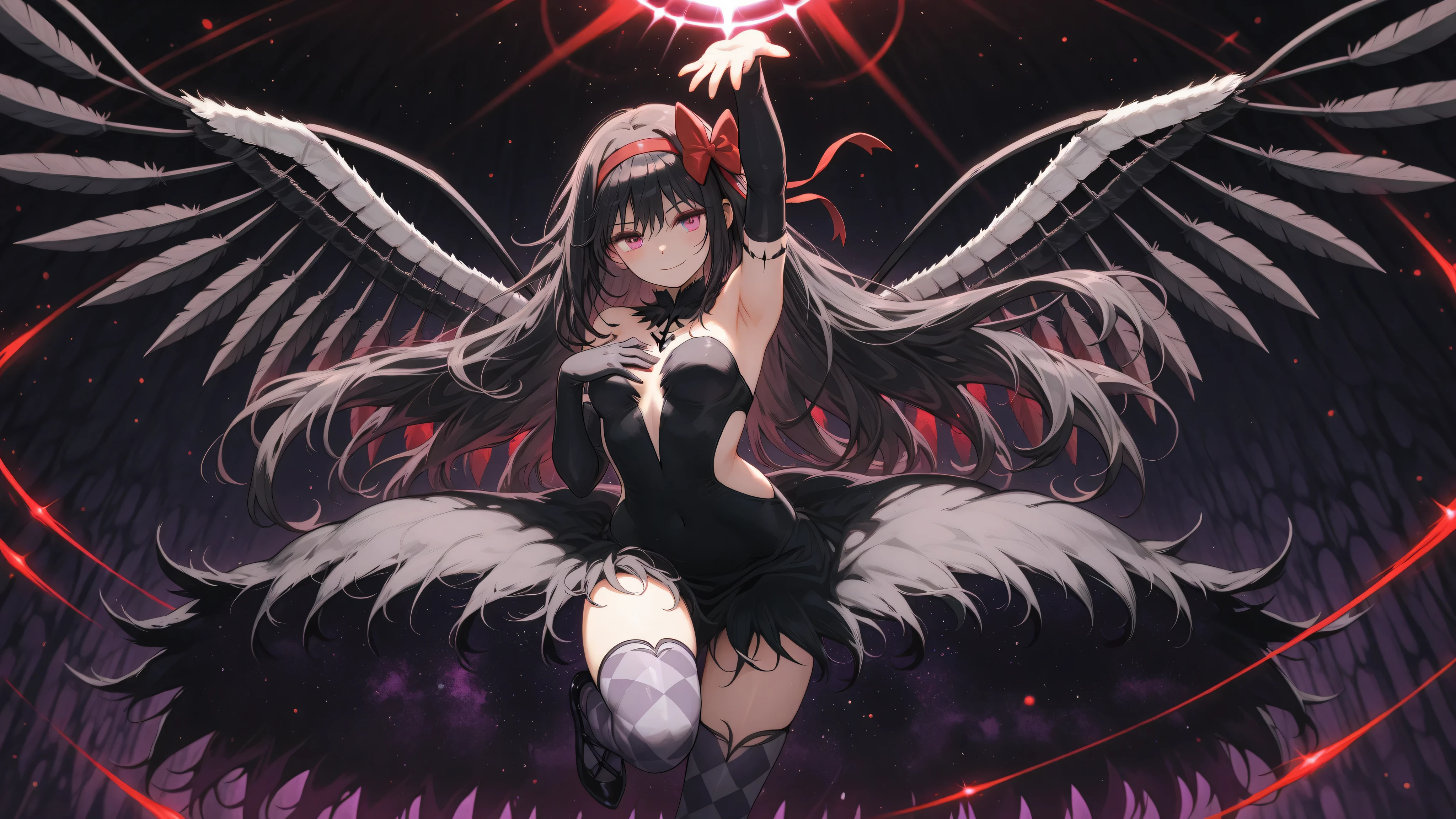 masterpeace,source anime,akuma akemi homura,kawaii,Flying skirt,dynamic pose, crimson color energy effect,armpit,(Place hand on chest),imaginary space