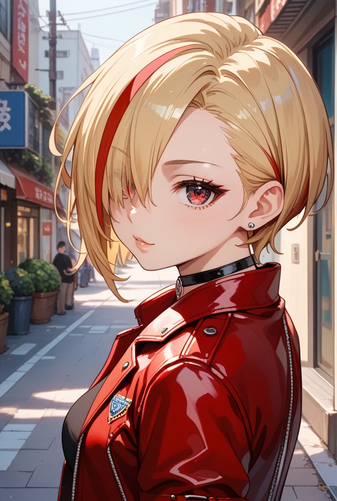 (best-quality:0.8), (best-quality:0.8), perfect anime illustration, extreme closeup portrait of a pretty woman walking through the city, short hair, chisato nishikigi, sweet smile, chill, blonde