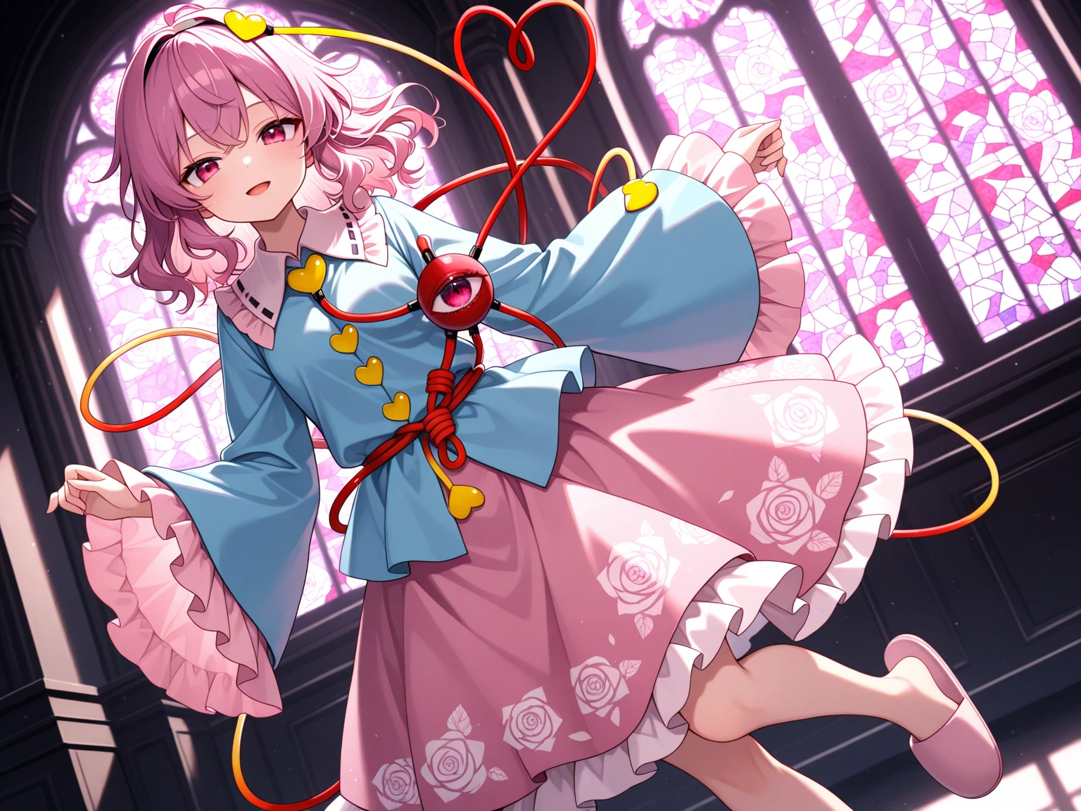 1girl, komeiji satori (touhou), pink eyes, purple eyes, short hair, pink hair, purple hair, messy hair, third eye, eyeball, collared shirt, blue shirt, frilled shirt collar, ribbon trim, heart button, long sleeves, frilled sleeves, wide sleeves, pink skirt, frilled skirt, floral print, rose print, white legwear, bobby socks, pink slippers