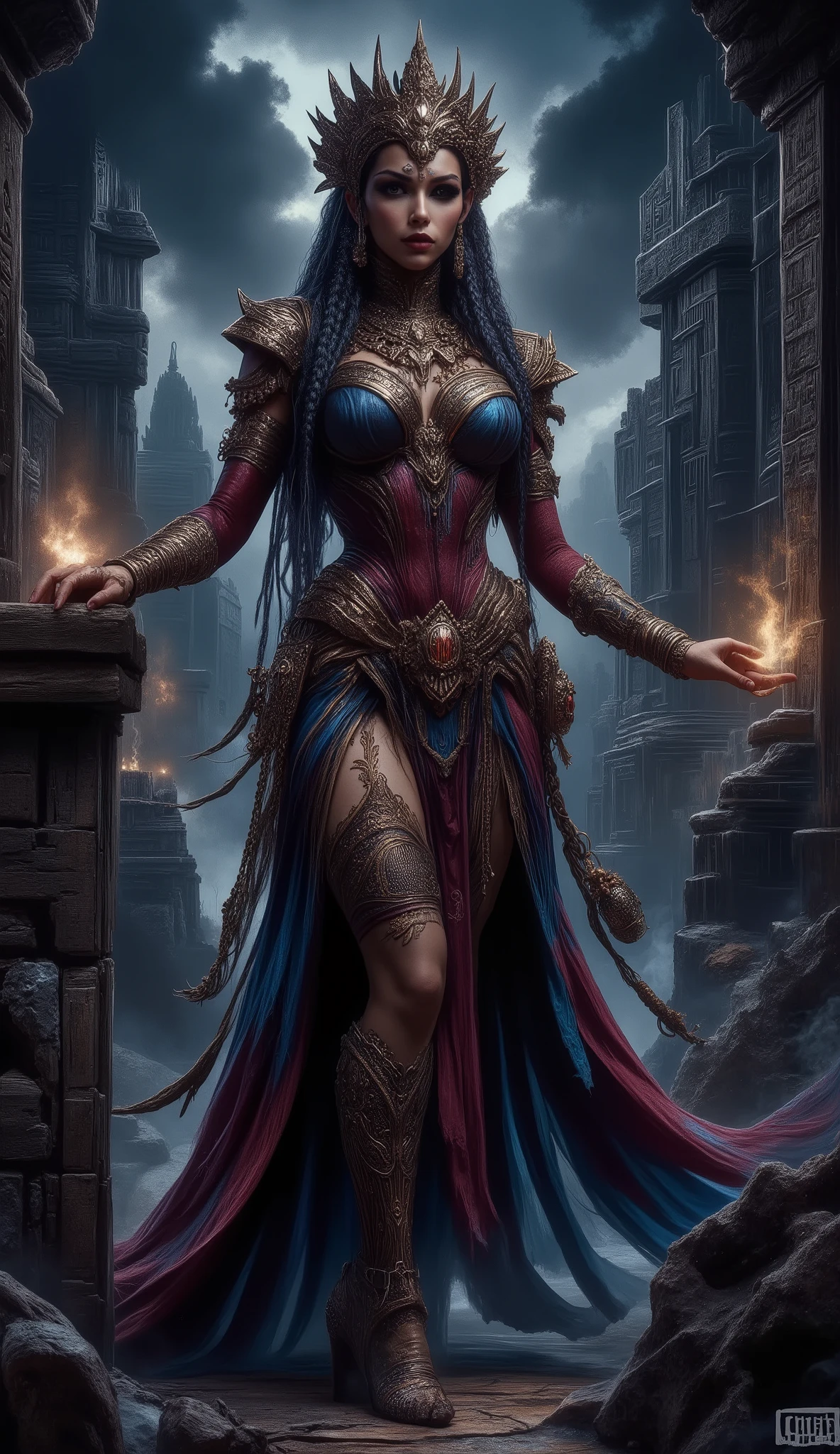 full body Beautiful, sexy, Maya is a priestess, intricate details, intricate gold jewelry, burgundy and blue two-piece dress, tiara, gold braided sandals, athletic and fit slim body, naughty, perfect hands, perfect legs, perfect breast, black eyes, long black braided hair, detailed hands, perfect eyes, detailed eyes, perfect belly, flirty, sexy, naughty, realistic, in the garden of an Mayan temple, dark gloomy color scheme, fog, smoke, storm, gloomy clouds, HDR, UHD, dynamic, full body.