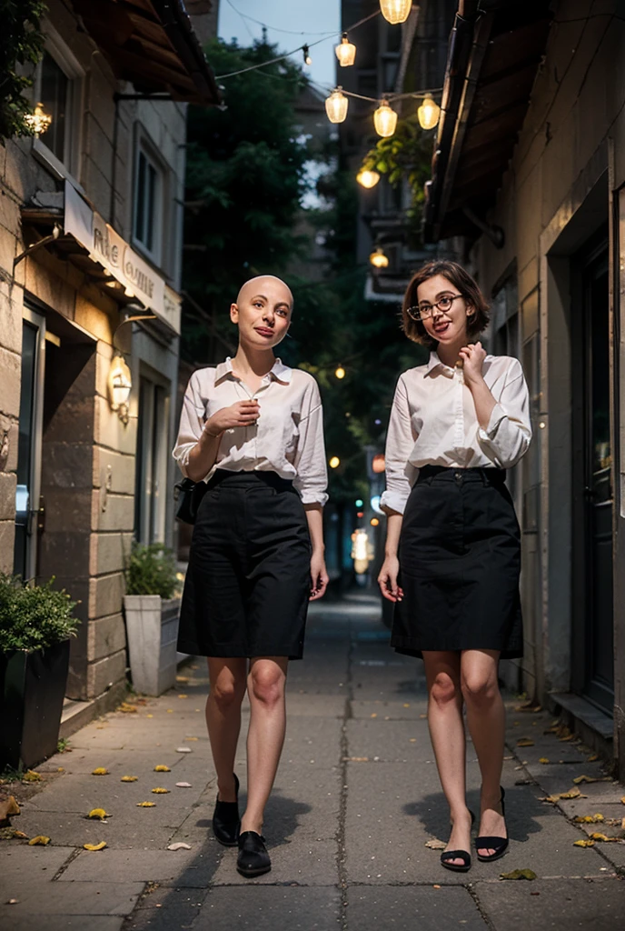 two women 50 years old, slim build, (((dark hair))), ((( short, pixie haircut))), happy smile, full frame, right angle, walks through the park, does Nordic walking, Fitness apparel, White sneakers, elegant style, in the hands of each Nordic walking pole, city street, Evening light, street photography, in the style of Richard Avedon, cgi, 1024K