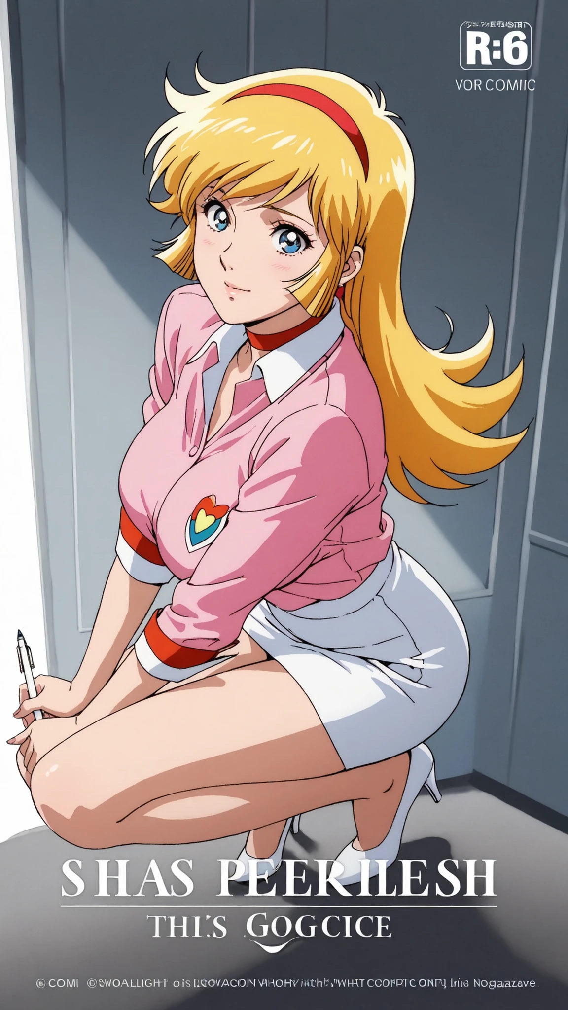 vivid, is so beautiful, high contrast, PENTOUCH , Animated film cover touch, magazine title, I like Nagai Go's touch in this comic,
masterpiece, or more top quality , lively, is is so beautiful, high contrast , semi-real , Newest, 1girl、Kisaragi Honey \(Cutie Honey\), Blonde, long hair, blue eyes, sweep bang,Perfect Eye Alignment、big boobs、perfect body、mature woman 、verland detail、pink collar shirt、White Pencil Skirt、short skirt、high heels just for him、get down on your knee、from behind、works in an office、 picking up papers that have fallen to the floor 、back view、Buttocks Close Eyes、panty lines、Panchira、soft light、cowboy shooting、Low Angle Perspective