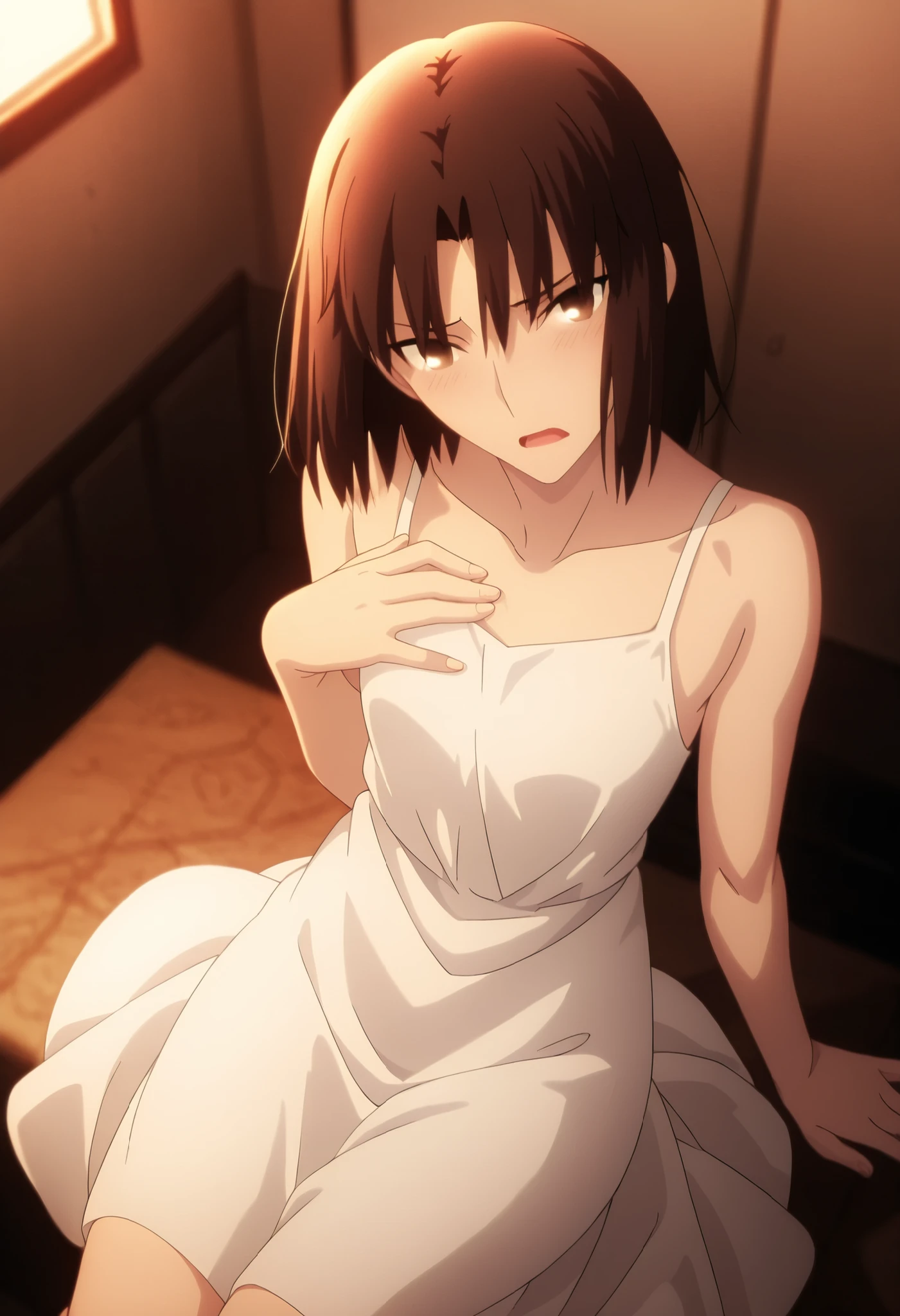 <lora:KnK_ryougi_shikiXLIllustrious001>,
masterpiece,best quality,good quality,newest, 8k, from above,
indoors ,(cinematic light), (sitting ), (),open mouth ,
light embarrassed,,
looking at viewer, (), , head tilt, hand on chest, ,
solo,
anime coloring,
ryougi_shiki\(kara_no_kyoukai\),1girl,black brown hair,medium hair,brown eyes, slim arms, small chest, (aged up),
cowboy shot, , ,
((sundress)), ,