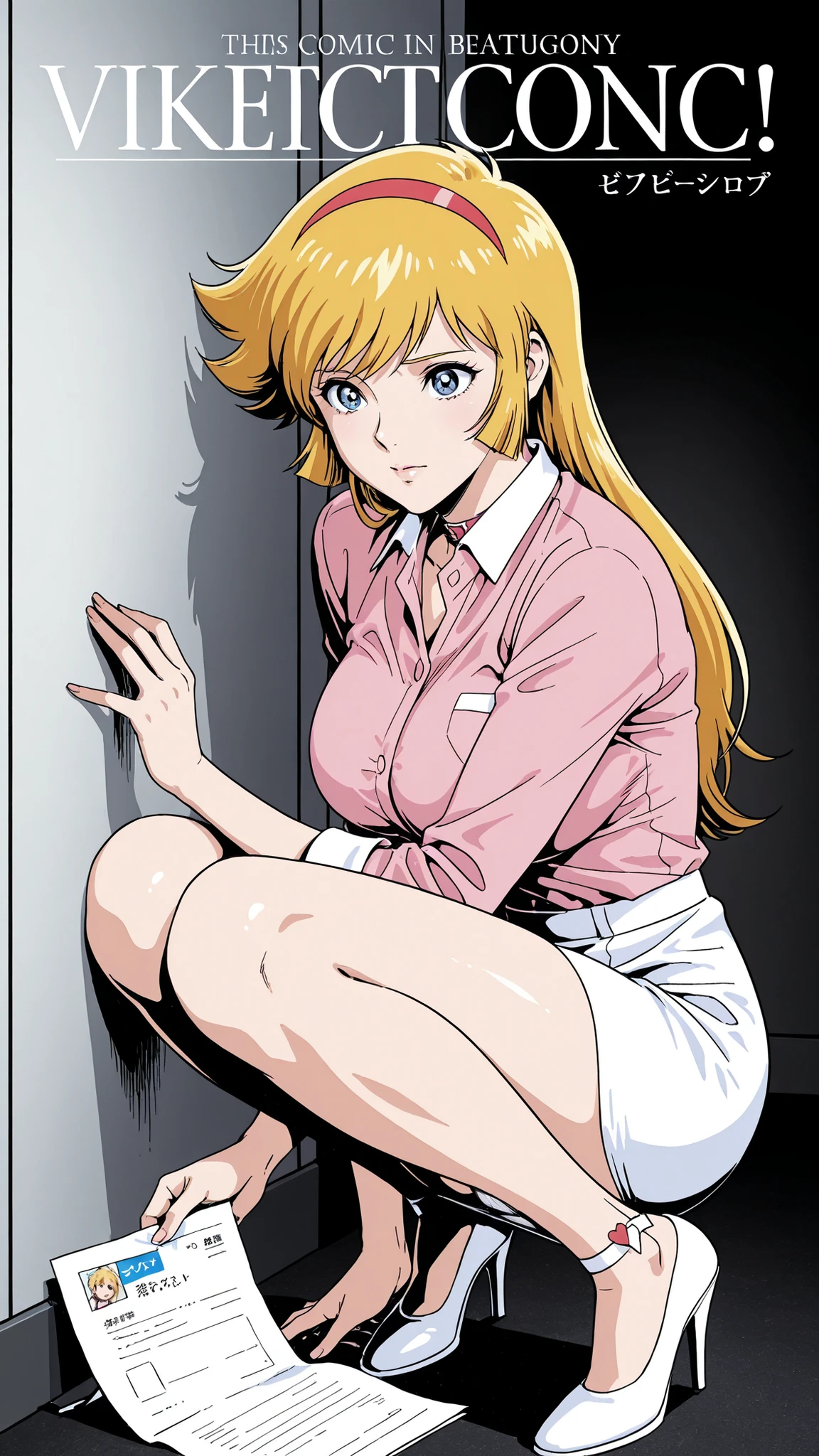 vivid, is so beautiful, high contrast, PENTOUCH , Animated film cover touch, magazine title, I like Nagai Go's touch in this comic,
masterpiece, or more top quality , lively, is is so beautiful, high contrast , semi-real , Newest, 1girl、Kisaragi Honey \(Cutie Honey\), Blonde, long hair, blue eyes, sweep bang,Perfect Eye Alignment、big boobs、perfect body、mature woman 、verland detail、pink collar shirt、White Pencil Skirt、short skirt、high heels just for him、get down on your knee、from behind、works in an office、 picking up papers that have fallen to the floor 、back view、Buttocks Close Eyes、panty lines、Panchira、soft light、cowboy shooting、Low Angle Perspective