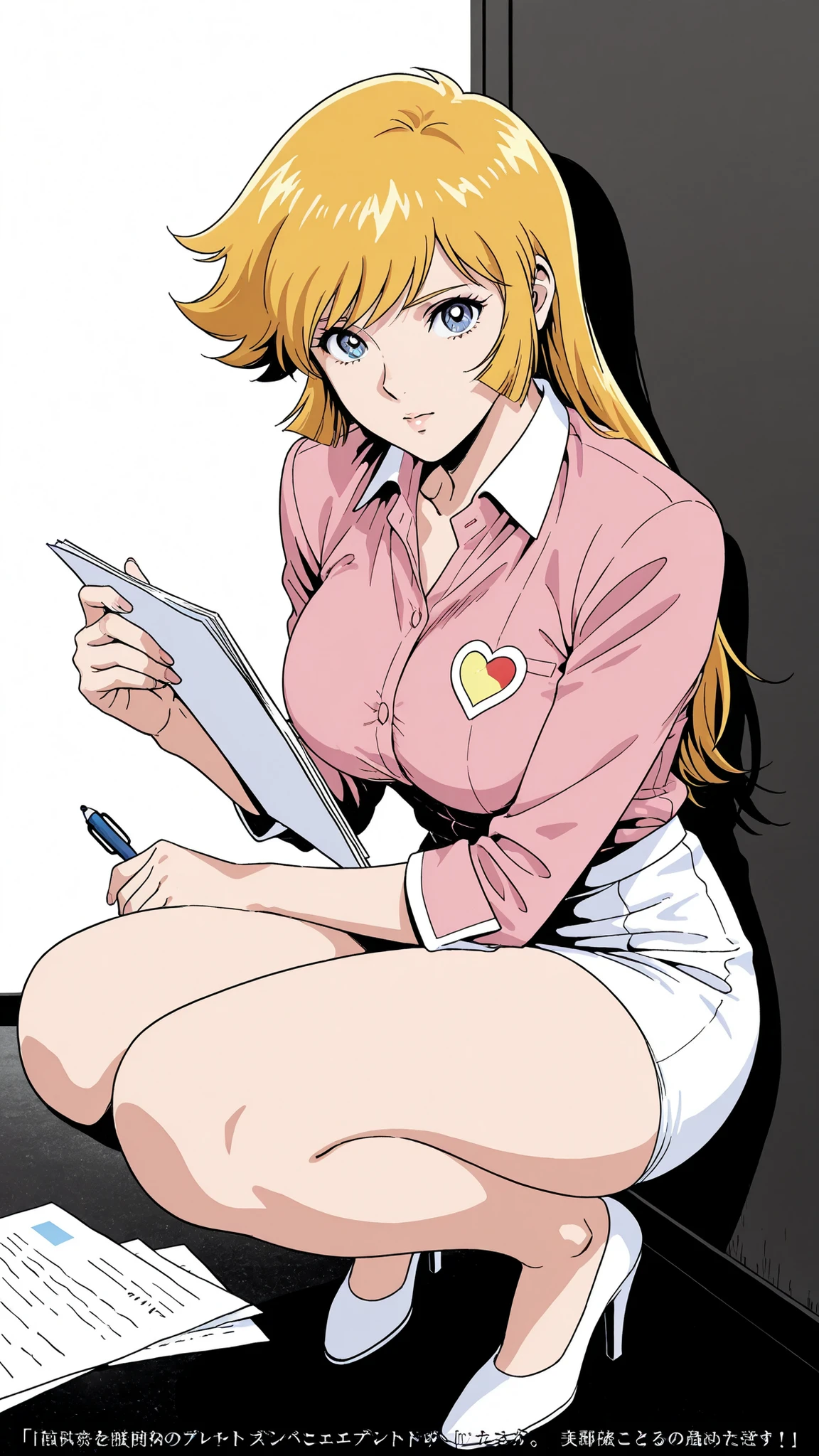 vivid, is so beautiful, high contrast, PENTOUCH , Animated film cover touch, magazine title, I like Nagai Go's touch in this comic,
masterpiece, or more top quality , lively, is is so beautiful, high contrast , semi-real , Newest, 1girl、Kisaragi Honey \(Cutie Honey\), Blonde, long hair, blue eyes, sweep bang,Perfect Eye Alignment、big boobs、perfect body、mature woman 、verland detail、pink collar shirt、White Pencil Skirt、short skirt、high heels just for him、get down on your knee、from behind、works in an office、 picking up papers that have fallen to the floor 、back view、Buttocks Close Eyes、panty lines、Panchira、soft light、cowboy shooting、Low Angle Perspective