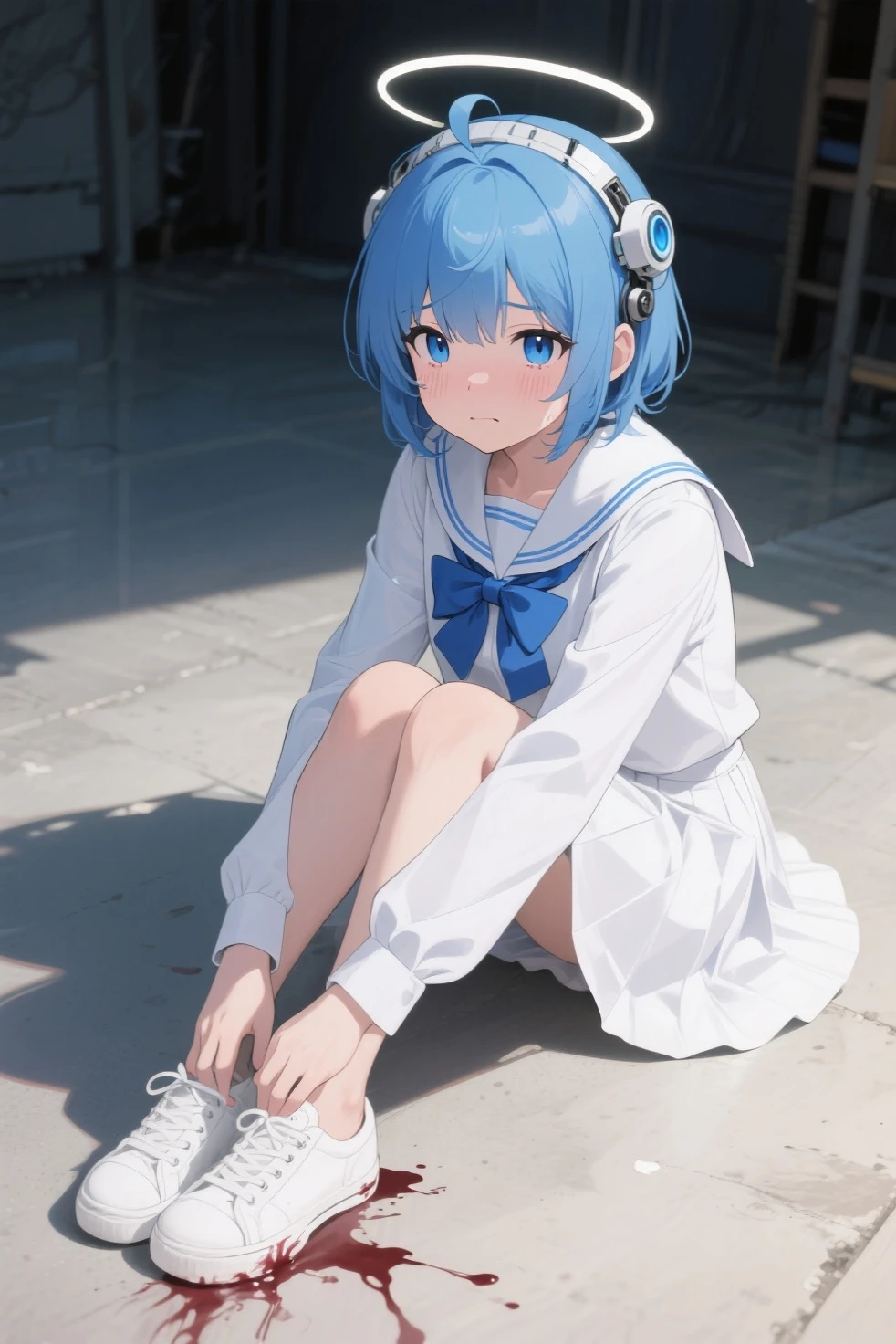 masterpiece,Highest quality,indoor,Ruined classroom,sitting at a desk looking at the viewer,Water is filling up,White tile,Ocean View,noon,blue sky,1 Girl,Halo,Braid,Close ~ eyes,Open your mouth,smile,Blue school shirt,Long sleeves,White Skirt, with white and light blue stripes,Focus on face,upper body, shot, line,