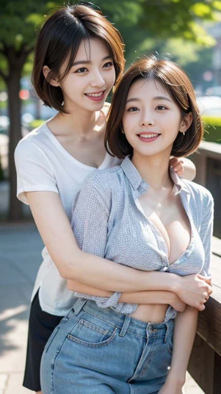 2 women having fun,leering:1.2, lecherous:1,2, :1,2, :1,2, Lesbian Yuri:1,2, Kissing, Blushing, Wear a tank top and pleated , Hot summer days