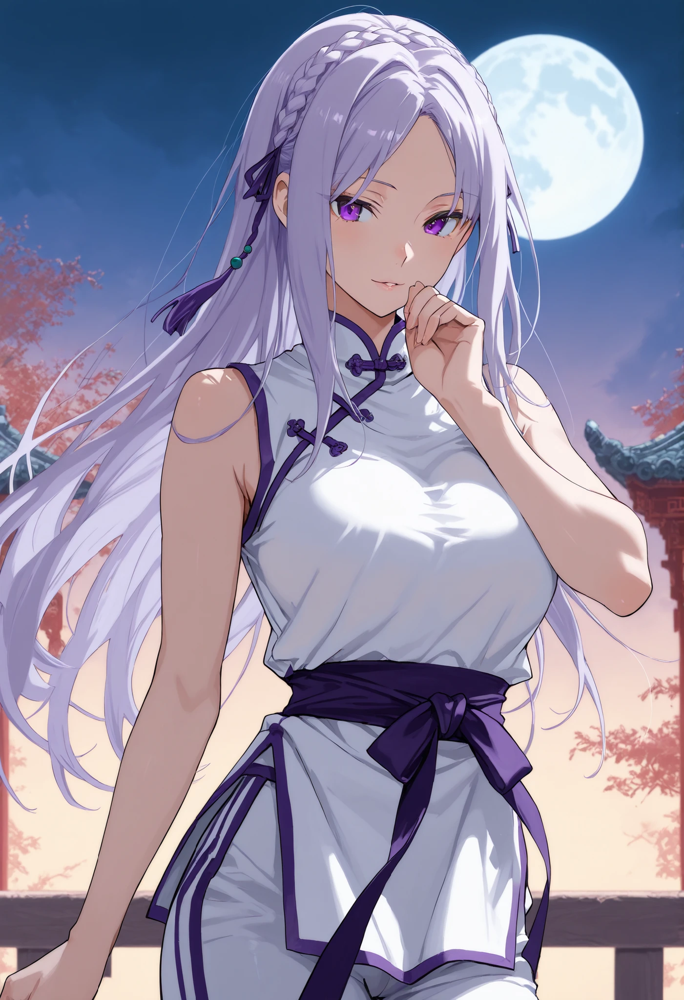 score_9 , score_8_up , score_7_up, solo, 1girl, emilia, adult, seductive, braid, long hair, light purple hair, parted bangs, purple eyes, martial art clothes, chinese clothes, sleeveless, white outfit, pants, outdoor, moon between hands