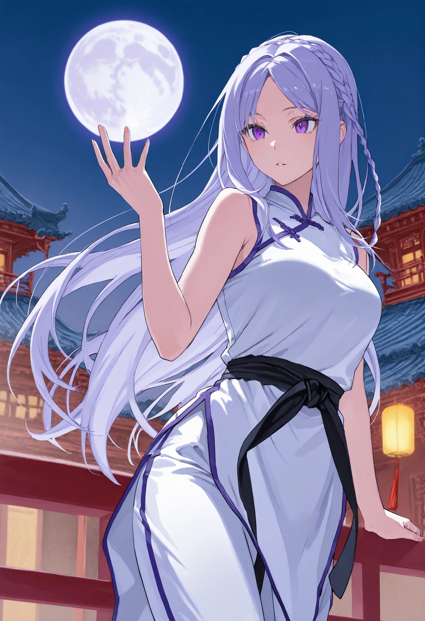 score_9 , score_8_up , score_7_up, solo, 1girl, emilia, adult, seductive, braid, long hair, light purple hair, parted bangs, purple eyes, martial art clothes, chinese clothes, sleeveless, white outfit, pants, outdoor, holding a moon, small moon, moon between hands