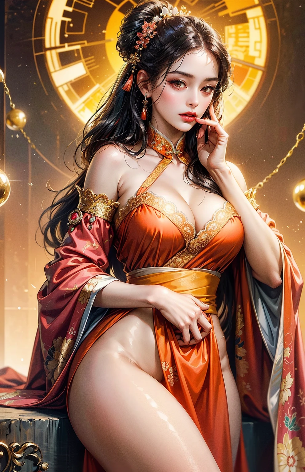 Best quality,masterpiece,ultra high res,(photorealistic:1.4)1girl,beautiful_face,detailed skin,full body,yuhuoshu,jewelry,solo,earrings,(fire:1.3),blurry,realistic,lips,