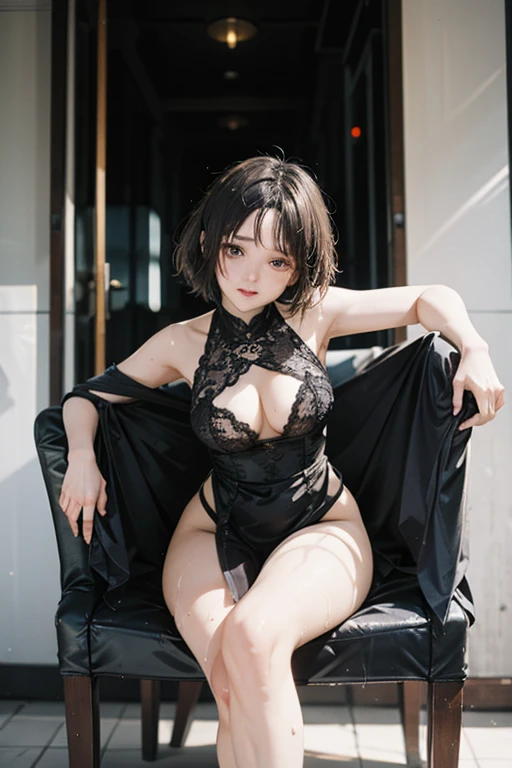 a girl , Bblack hair , shorth hair , A fisheye lens style diagonal view,  ,  big , detailedeyes , without costume , BIG  , japanese anime render em um beco do japao
