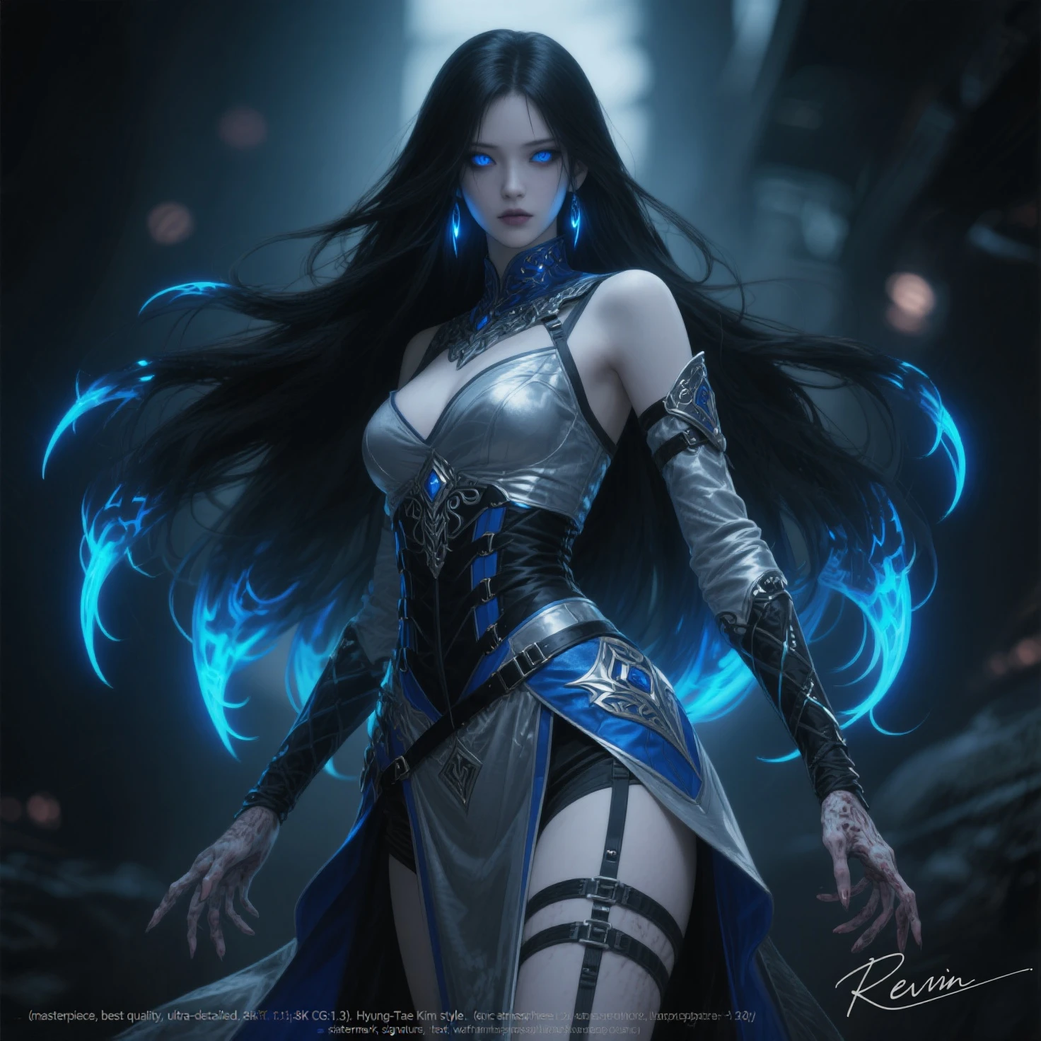 depicts a modern-day witch who has embraced the world of cybernetics to enhance her magical abilities. The artwork should convey the enchanting blend of traditional witchcraft and futuristic technology. Here are some specific elements to include: The Witch's Lair: The setting should be a cozy yet slightly eerie room, filled with magical books, crystal , potion ingredients, and antique furnishings. The room should be dimly lit by candles and a soft, mystical glow emanating from her cybernetic enhancements. The Cyborg Witch: The central focus of the artwork is the witch herself. She's a striking figure with a mix of traditional witch attire and cybernetic enhancements. Her clothing should have a witchy, occult aesthetic, with flowing robes, a pointed hat, and an intricate pentagram necklace. Her arms, however, have been upgraded with cybernetic components that incorporate magical symbols and glowing runes. Magical Interface: The witch is in the midst of casting a spell, with a holographic, touch-screen interface floating before her. This interface includes spell incantations, arcane symbols, and digital components, demonstrating her fusion of magic and technology. Spell Ingredients: On a nearby table, there should be a collection of spell ingredients, like herbs, potions, and magical artifacts. Some of these items may have been modified with cybernetic enhancements, blurring the line between the natural and the technological. Familiar: The witch's familiar, perhaps a cat or raven, should be present in the scene, serving as her magical companion. The familiar could also have subtle cybernetic enhancements or glowing eyes. Glowing Runes: The room should be adorned with ancient symbols and glowing runes on the walls and floor, contributing to the magical atmosphere. Aetherial Lighting: Use a combination of mystical, ethereal lighting and cybernetic glows to create a captivating interplay of light and shadow. The contrast between the tradit