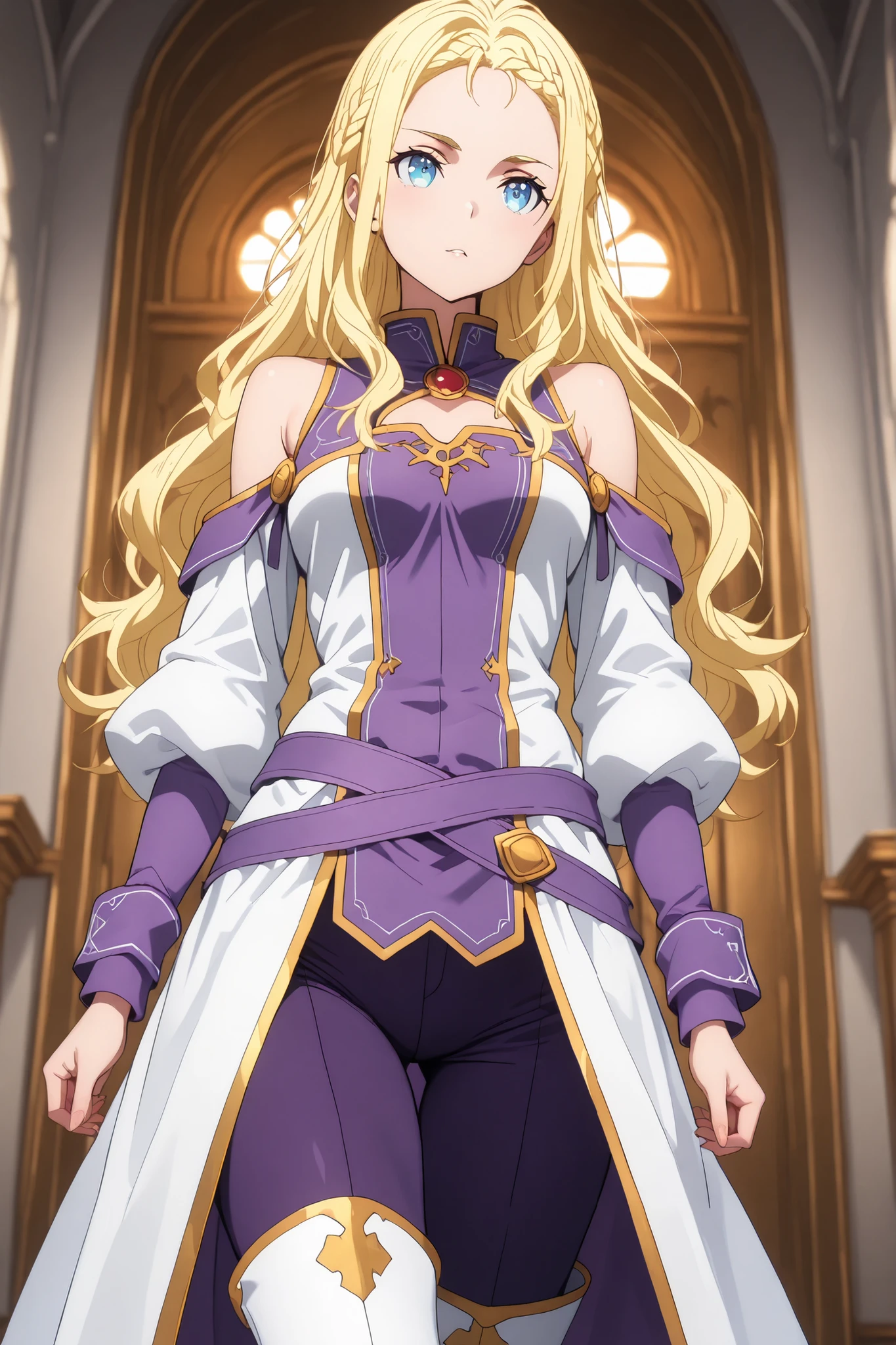 solo, ushio kofune, masterpiece, ultra detailled, long hair, wavy hair, blond hair, braid, blue eyes, in a castle, white medieval tunic, shoulders, white thigh boots, purple tight pants, purple belt, purple cuff, outfit with gold trim, fantasy style, isekai style, perfect eyes, perfect body, in a castle, , very beautiful, standing
