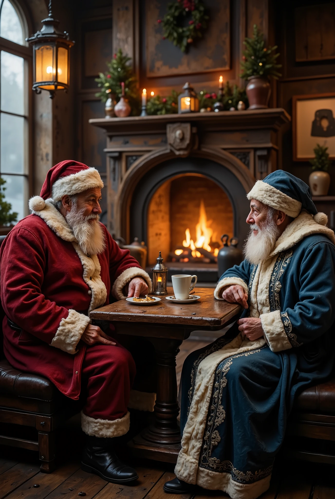 Photorealistic, cinematic shot. Two elderly, realistic men, Santa Claus and Ded Moroz, having a friendly conversation in a cozy, rustic cafe. They are sitting in a leather booth by a crackling fireplace. Santa is in his detailed red wool suit, Ded Moroz in his long, intricate blue and white fur robe with silver embroidery. A half-finished mug of hot coffee and a plate with uneaten gingerbread cookies are on the wooden table between them. Soft, warm lighting from the fireplace and table lantern, creating a serene, magical atmosphere. 8K, ultra detailed, dramatic lighting, depth of field