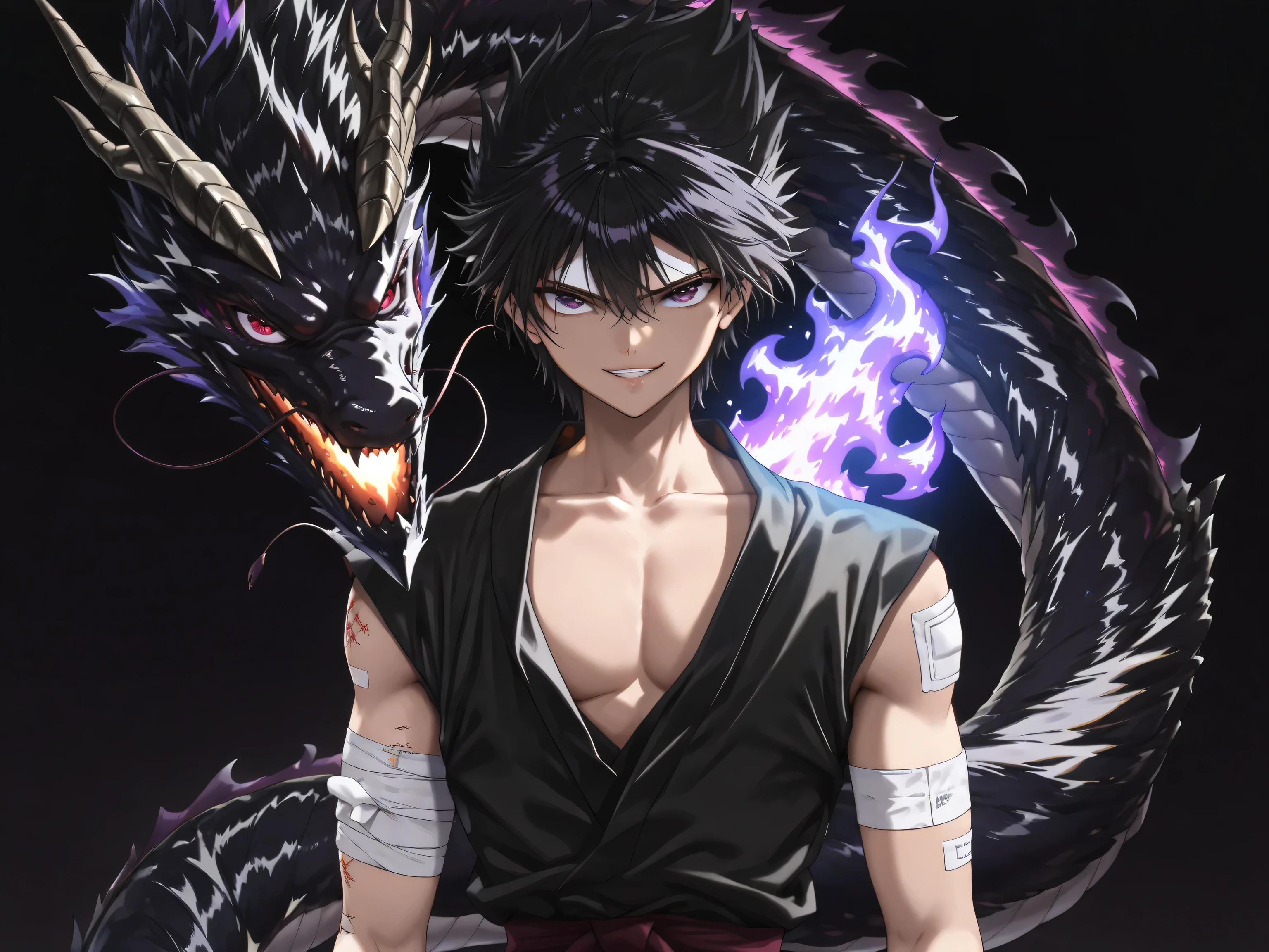 (Masterpiece:1.3, 8K:1.3, Highest Quality:1.3, detail:1.3, highres:1.3, high resolution:1.3, ultra detailed:1.3)
from front, upper body,
1boy, solo,
Hiei_ep, black hair, red eyes,
((Bandage on arm))
Burning bandages,
dark purple flame,
evil grin, smug,
glaring at viewer,
palted lips,
standing,
raise one arm, one arm up,
dark background ,
dark purple Flame Dragon,
Strong, swirling winds