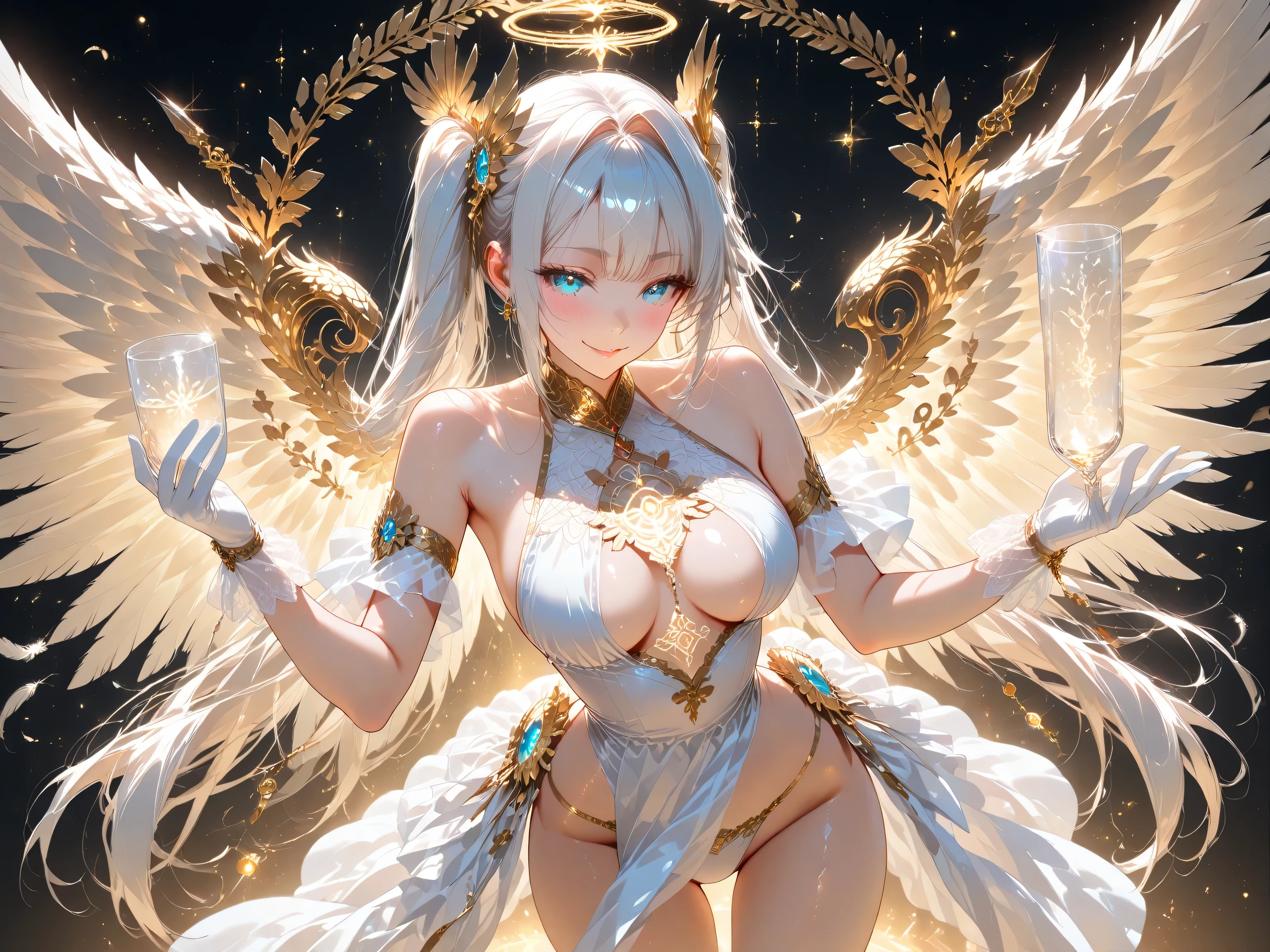 masterpiece,high resolution,1 girl, Archangel,twintails,Clothes with gold accents added to white cloth,The wings are shimmering, with each feather reflecting light like glass,white gloves,blush,naughty face, straight hair,hair intake,White light colored hair,blue eyes,string panties,shiny skin,Sexy shoulders,Hair Swaying in the Wind,sexy random pose,Black Background,The image should be mystical, with detailed reflections and glowing, otherworldly light