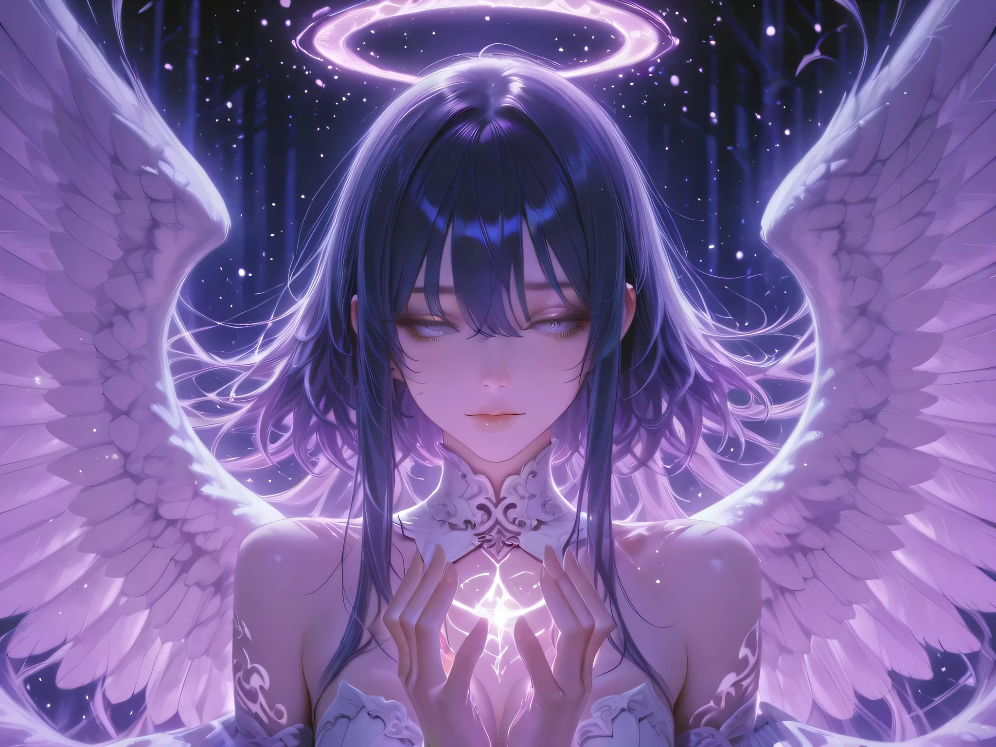 expressive eyes that convey sadness and hope. angels in an ethereal and melancholy scene, Delicate neutral face, the surrounding scene is mystical twilight, long, fluttering hair. Her big, the majestic wings are clearly damaged, as if the feather is broken, realistic details in the texture of wings and angel expressions. and some gently fall to the ground,  Dark Blue Shade , purple, and a modest touch of gold, angels in an ethereal and melancholy scene. as if the sky is changing, ような柔らかな光線や輝く粒子の混ざり合いを呼び起こすべきである, It should contrast with the aura and evoke a mixture of soft light and shining particles like. This atmosphere is pain and, Resilience, and Tragic Beauty, realistic details in the texture of the angel's vulnerability.
