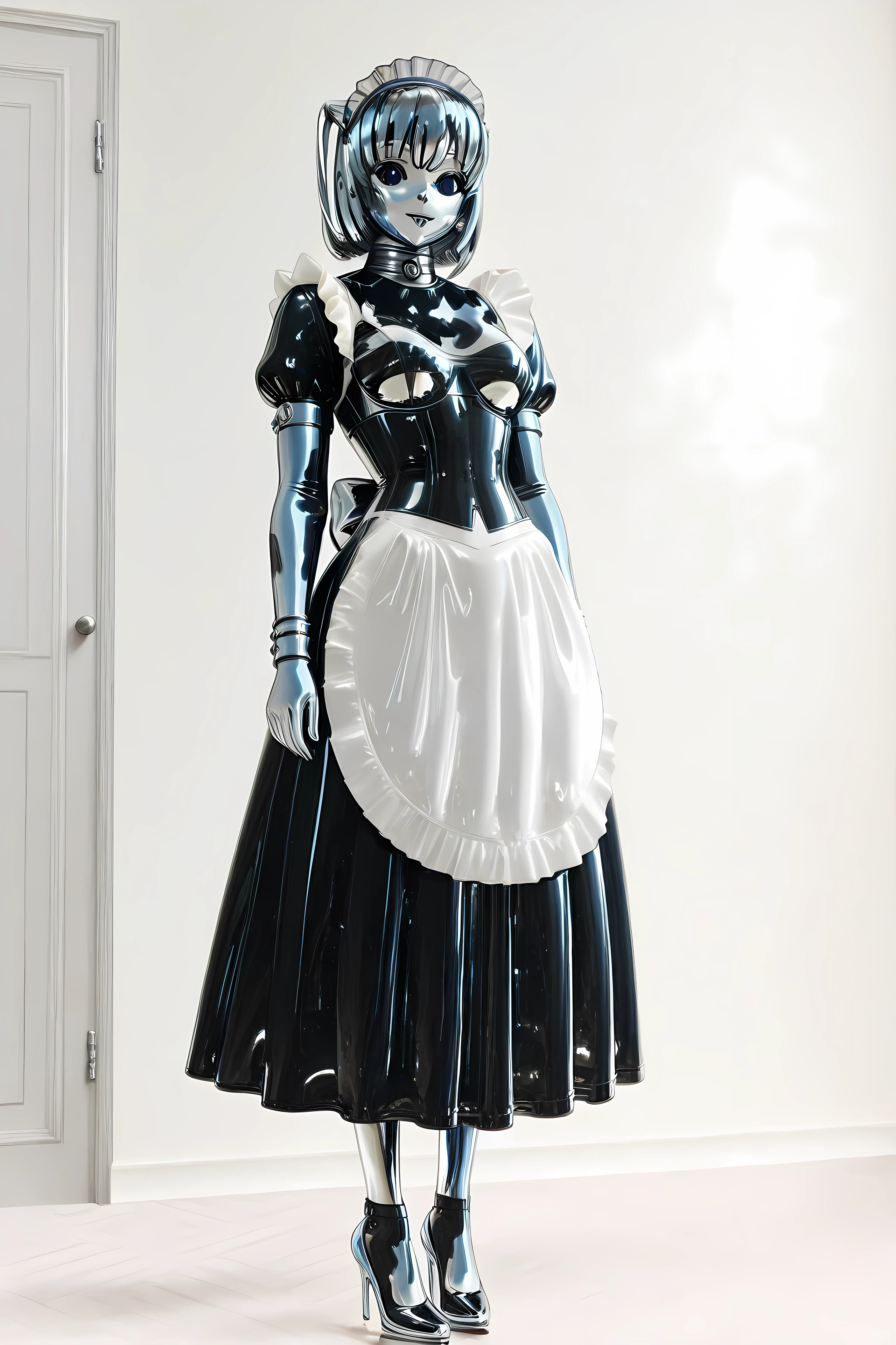 maniajuns, chrome skin, dark blue lenses,shot hair, happy,latex,maid,gothic,black latex long skirt,small tight corset,small waist,hight collar, Wide Skirt,black latex long puffed sleeves,white latex apron,white latex armlets, full body, 1 girl, chrome high heels.