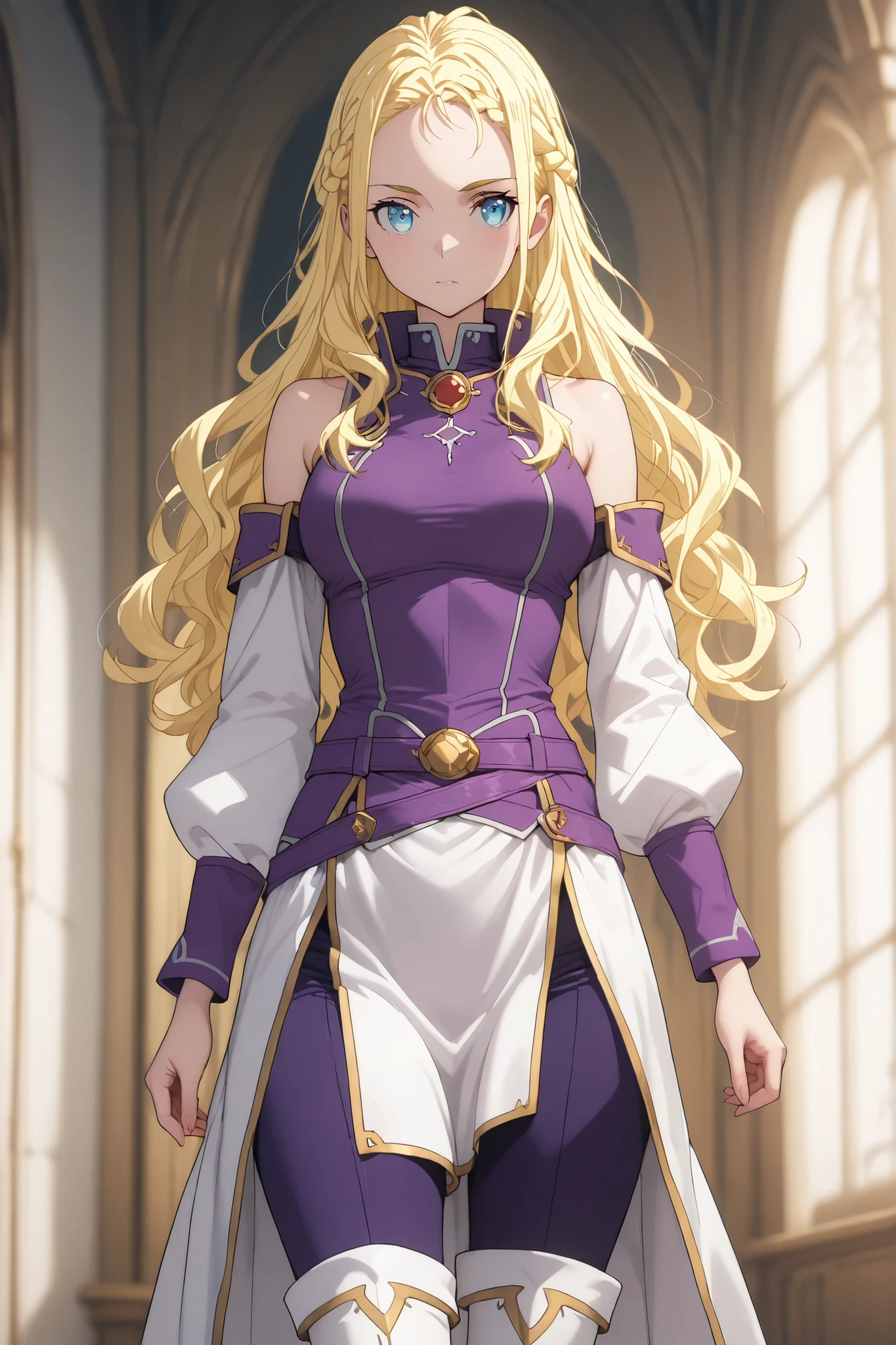 solo, ushio kofune, masterpiece, ultra detailled, long hair, wavy hair, blond hair, braid, blue eyes, in a castle, white medieval tunic, shoulders, white thigh boots, purple tight pants, purple belt, purple cuff, outfit with gold trim, fantasy style, isekai style, rpg style, perfect eyes, perfect body, in a castle, , very beautiful, standing