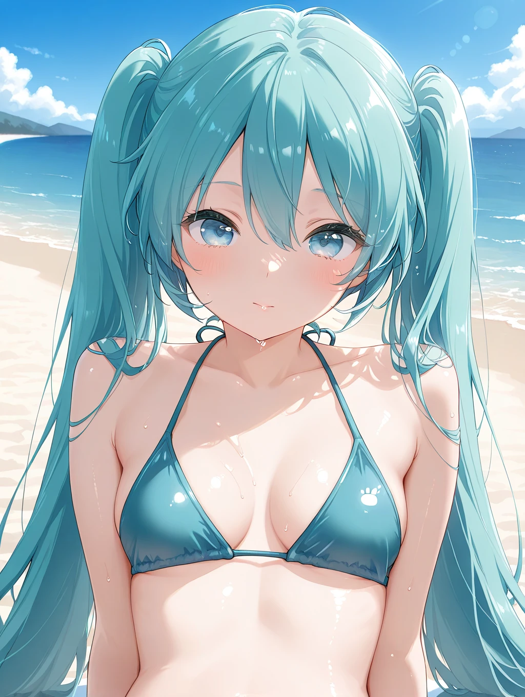 Highest quality:1.1)、(masterpiece:1.2)、(solo)、Close-up、Watching the viewer、Ocean、summer、Swimwear,Flowing sweat,green hair,horn,Girl,whole body,,Toned legs,,blue sky