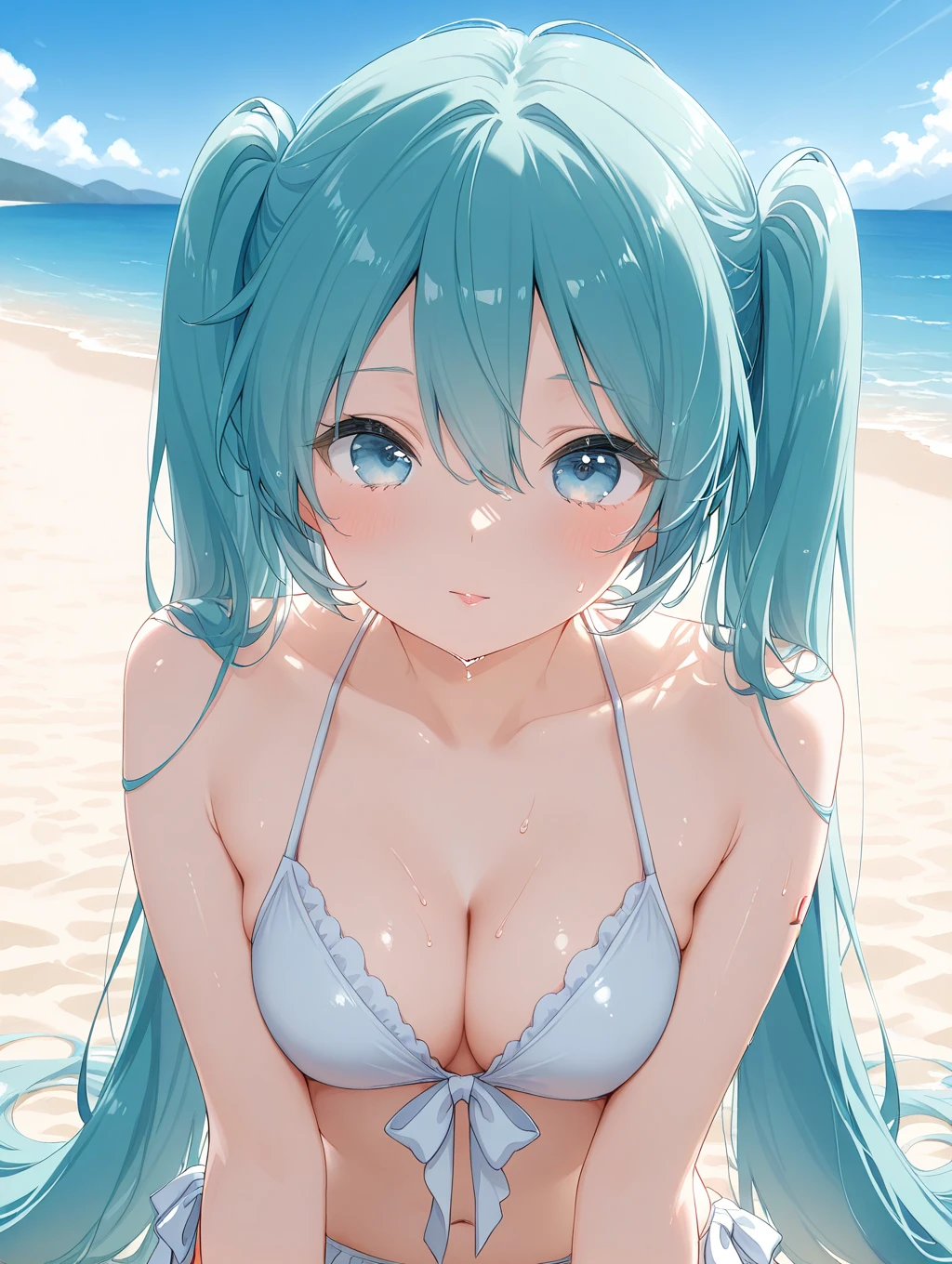 4K,8k,A girl with light blue hair drawn in high resolution Japanese anime style、whole body、Women in white bikinis taking photos on a deserted beach,  Model, , Young and cute gravure idol, Posing together in a bra, Russian and Japanese mix, sakimichan, Asian woman, Wear a swimsuit, that'that'that'that'that'that'that'that'that'that'that'that'that'that'that'that'that'that'that'that'that'that'that'that'It's hot with the shining sun, Japanese Model, Cute Core, sakimichan hdri, Young Gravure Idol, Chubby
