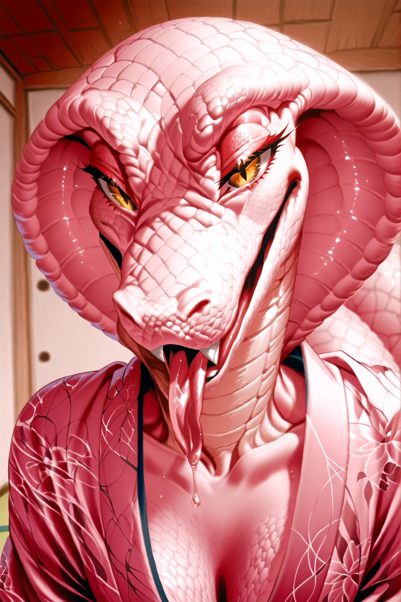 Kimono、or more top quality, perspective, depth of field, pin up, Ryokan guest room background, drool, I closed my eyes、big tail、snake cobra, pink scale, black lower abdomen, gold eyes, drunk antro male, Open Mouth, I'm sticking my tongue out、back view