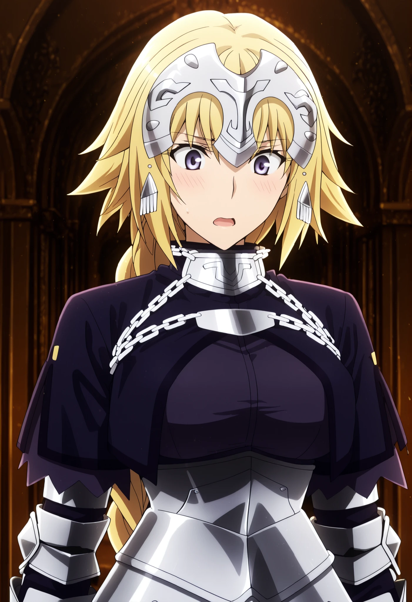 jeanne_d_arc_f-a, 1girl, blonde hair, solo, headpiece, long hair, open mouth, purple eyes, braid, looking at viewer, blue eyes, armor, single braid, chain<lora:JeanneDArc-FateApocrypha-ILXL:1>, (masterpiece),(best quality),(ultra-detailed),(best illustration),(best shadow),(absurdres),(detailed background),(very aesthetic), (torn clothes:1.2), light embarrassed, looking down, wide-eyed,