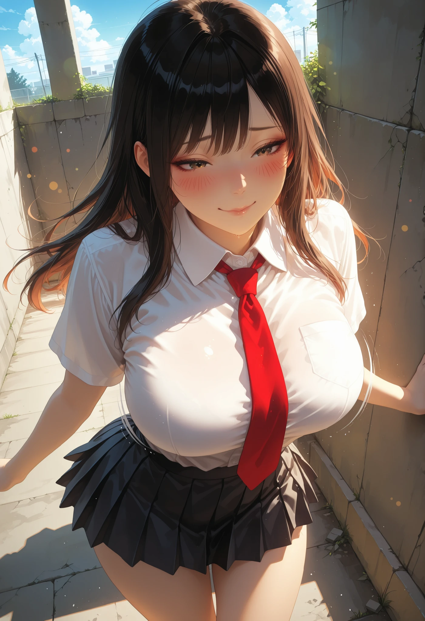 1 Beautiful Girl, beautiful, schoolgirl, clear skin, soft eyes,  Women's School Uniform, shirt, necktie, pleated skirt, big breasts, thighs, natural expression, Relaxed, long hair, (Blush, Bouncing, from above), beautiful景色, ((Calm Sky, Concrete Wall)), Relaxed Atmosphere, anime, High Quality, 4K, Very detailed expression, anime style, photorealistic, HDR, studio lighting, brightly colored, Bokeh