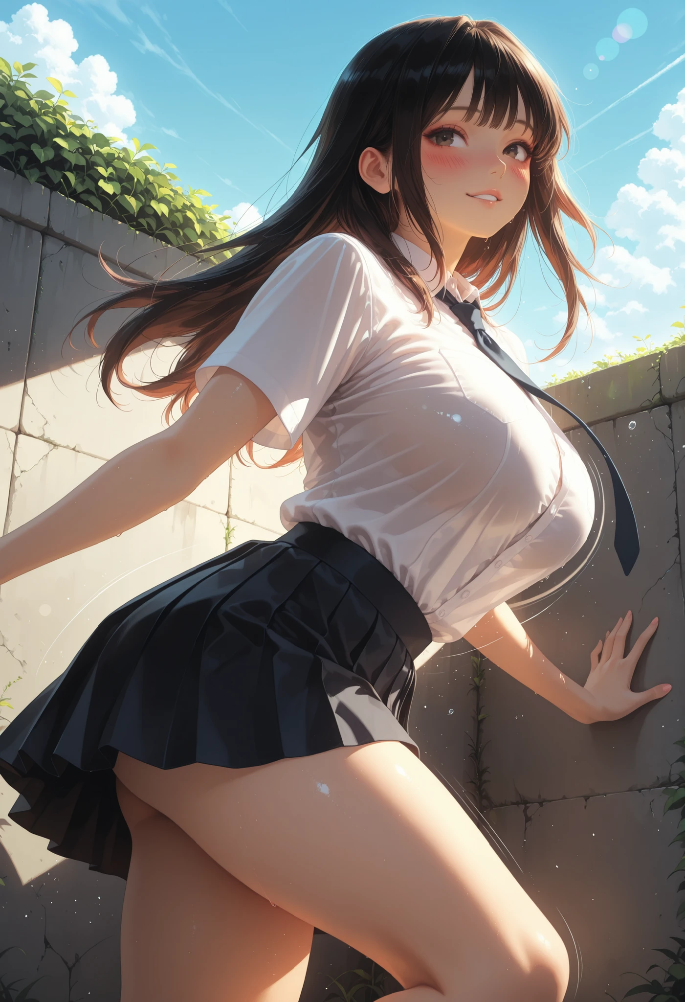 1 Beautiful Girl, beautiful, schoolgirl, clear skin, soft eyes, Women's School Uniform, shirt, necktie, pleated skirt, big breasts, thighs, natural expression, Relaxed, long hair, (Blush, Bouncing), beautiful景色, ((Calm Sky, Concrete Wall)), Relaxed Atmosphere, anime, High Quality, 4K, Very detailed expression, anime style, photorealistic, HDR, studio lighting, brightly colored, Bokeh