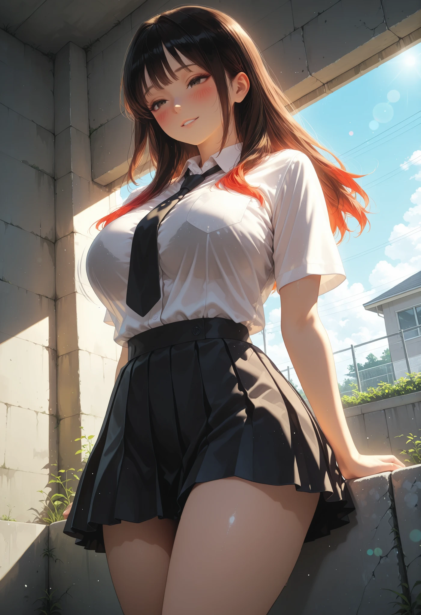 1 Beautiful Girl, beautiful, schoolgirl, clear skin, soft eyes,  Women's School Uniform, shirt, necktie, pleated skirt, big breasts, thighs, natural expression, Relaxed, long hair, (Blush, Bouncing), beautiful景色, ((Calm Sky, Concrete Wall)), Relaxed Atmosphere, anime, High Quality, 4K, Very detailed expression, anime style, photorealistic, HDR, studio lighting, brightly colored, Bokeh