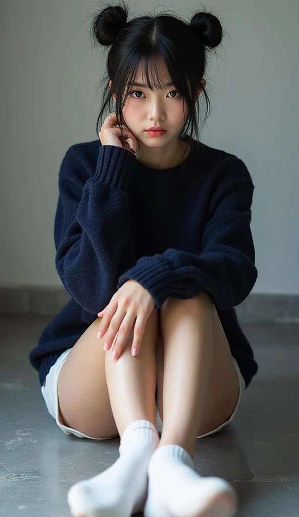 Not ????、1人の美少女がsitting on the floorいる 、high school uniform、 hug her knees、sitting on the floor, a woman is sitting, high quality、looking at camera、Realistic and photo-like、15 year old beautiful girl、I feel like crying、blazer costume、physical education sitting pose、???? is on the floor、looks embarrassed、black hair、have bangs、Fair skin、thin eyebrows、bob hair、A presence that is out of this world、