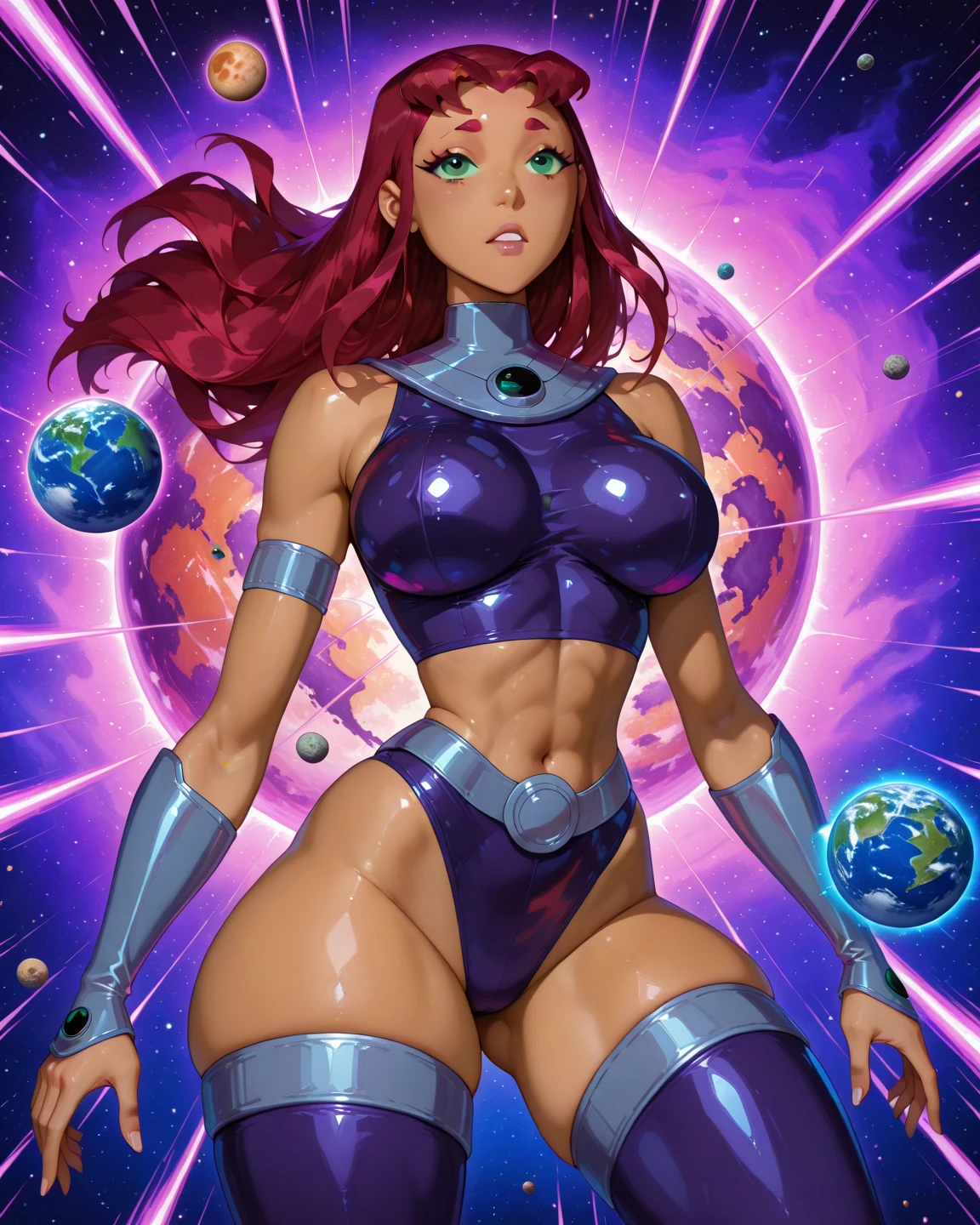score_9, score_8_up, score_7_up, score_6_up, score_5_up, score_4_up, ((source_anime)), , Superheroine, Red hair, long hair, busty, ((blue highleg leotard with a t-back  and a gold star insignia on )), gold boots, gold gloves, curvy, ((cleavage cutout))