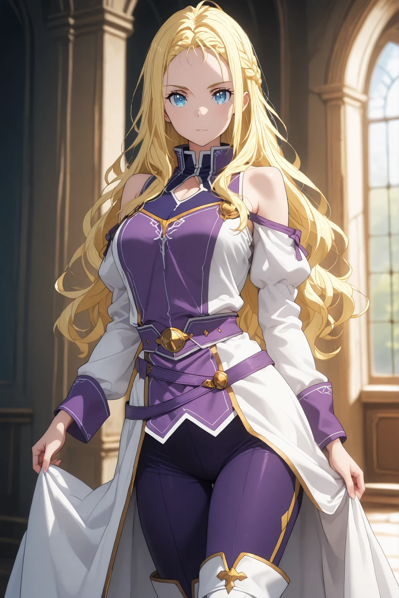 solo, ushio kofune, masterpiece, ultra detailled, long hair, wavy hair, blond hair, braid, blue eyes, in a castle, white medieval tunic, shoulders, white thigh boots, purple tight pants, purple belt, purple cuff, outfit with gold trim, fantasy style, isekai style, rpg style, perfect eyes, perfect body, in a castle, , very beautiful, standing, looking at the viewer
