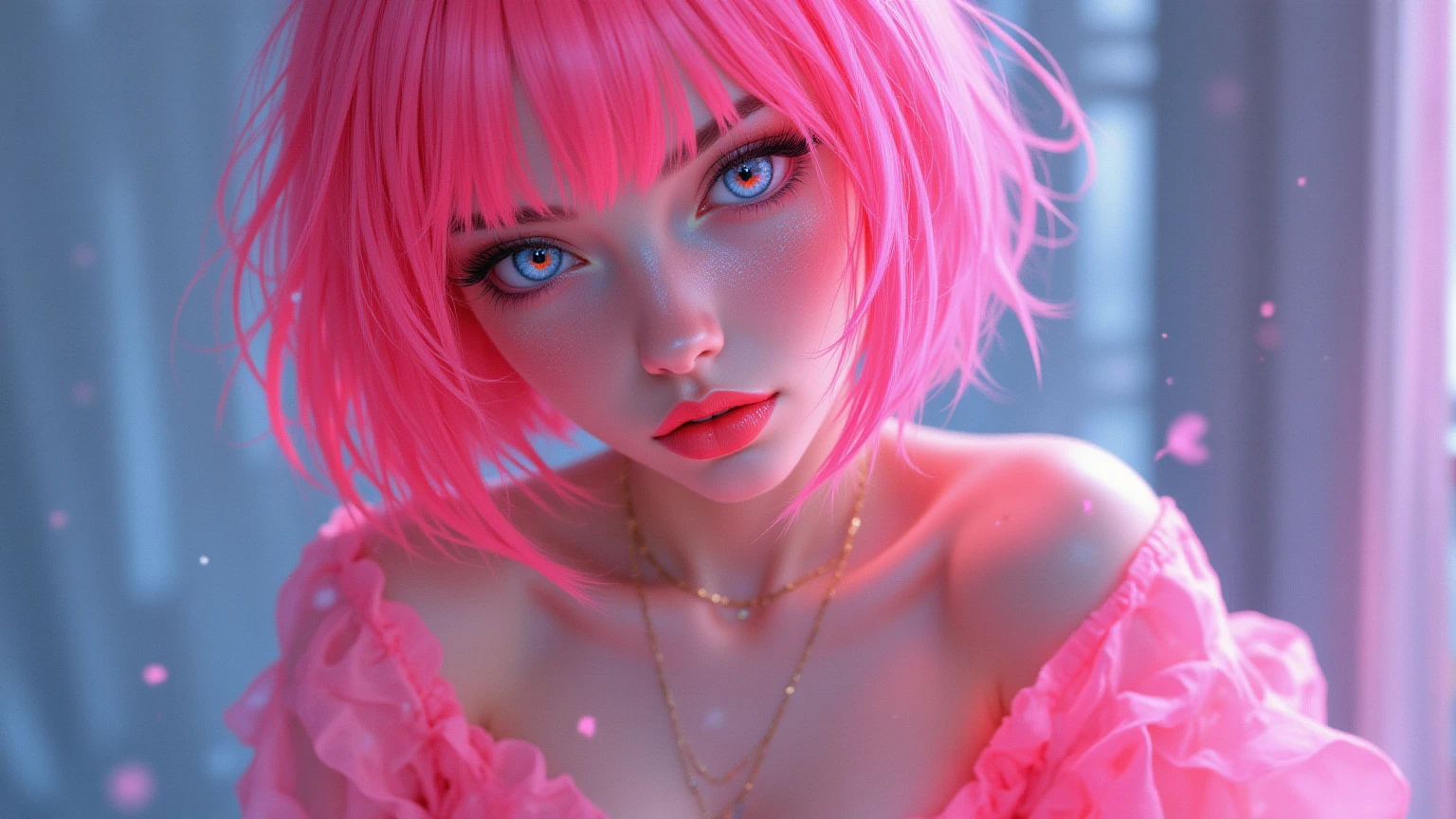 (Neon Pink Theme:1.2), masterpiece, highest quality, 4k, (realistic), Bokeh, enlightenment,(1 perfect portrait of a girl), (A fascinating eye for perfect detail:1.2), colorful hair, (gradient hair), (Neon pink soft hair:1.6), (Cat ear:1.2), fantasy background, (  shoulders), (Long-term alienation sleeve), (lean forward a little), head tilt, (movie lighting:1.2), oversized clothes, ( pose:1.4), (neon pink background:1.6), Blue beautiful eyes, close,