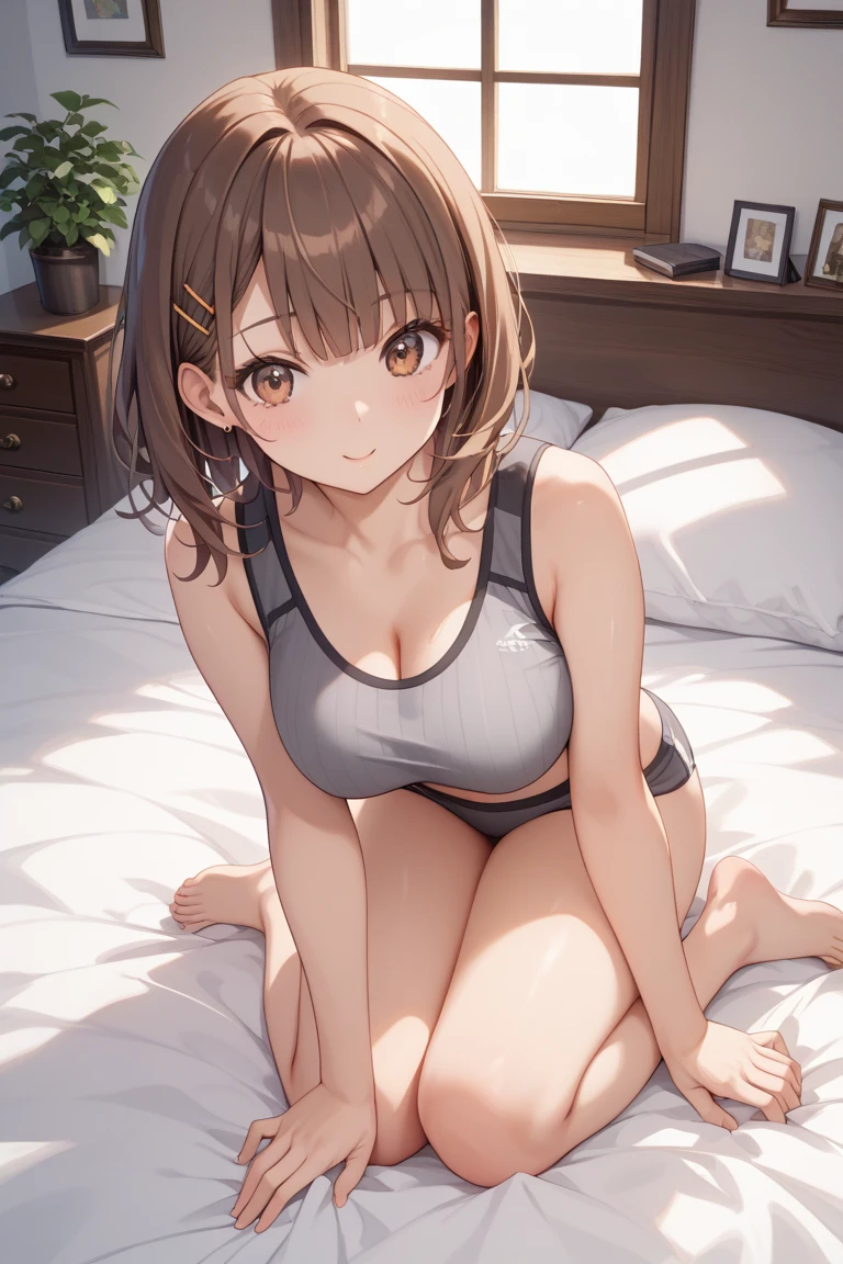score_9, score_8_up, source_anime, 1girl, solo, ReisalinStout, short hair, hairclip, black bow hairband, grey tank top, cleavage, crop top, highleg panties, grey panties, curvy, on bed, smile, <lora:ChamReisalinStoutPonyXL:0.8>