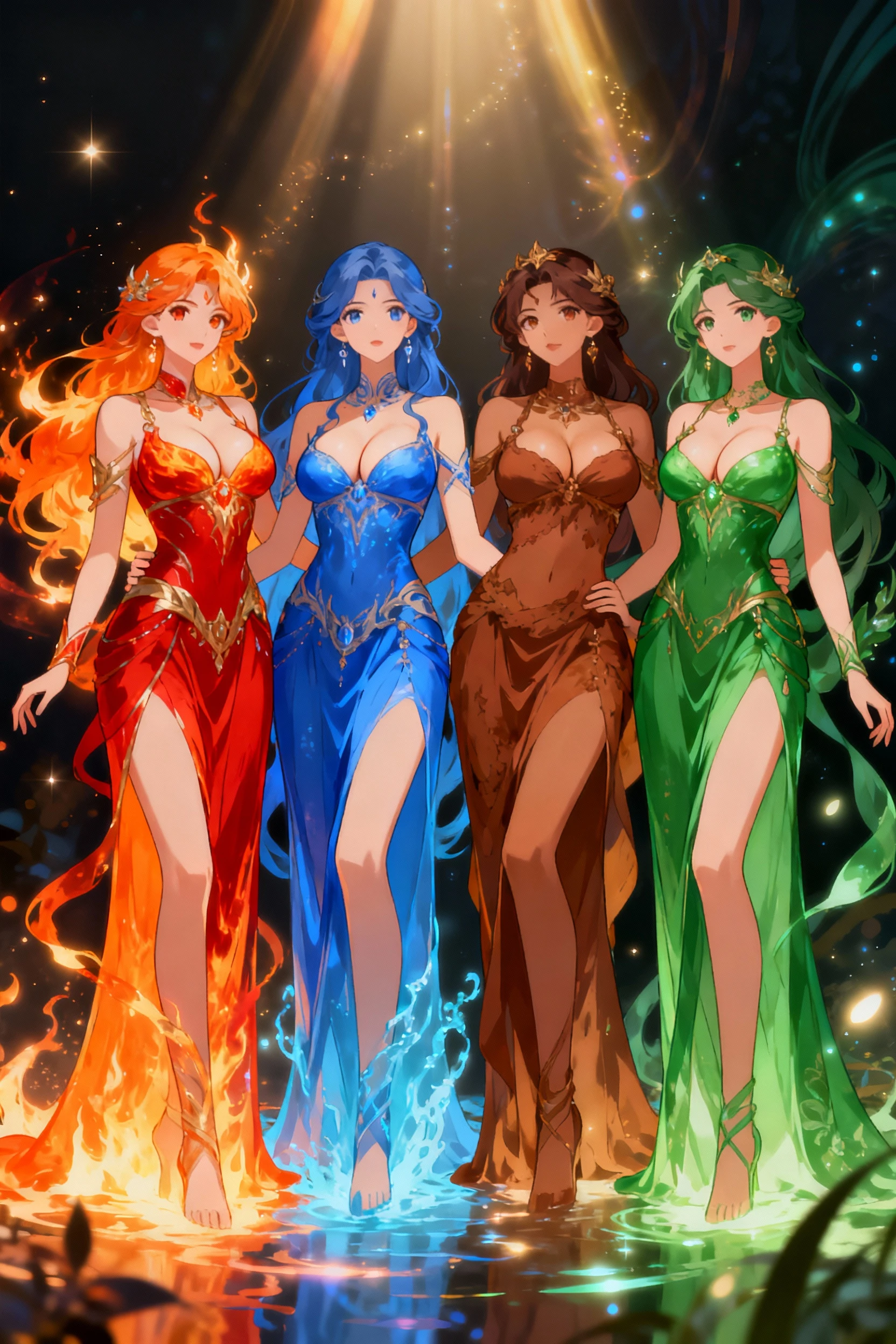 ArsMJStyle, NoirLuminescence,  four women representing the seasons, each dressed in richly detailed garments. They stand intertwined with the natural elements of their seasonsa,spring blossoms, summer sunflowers, autumn leaves, and winter snowflakes.