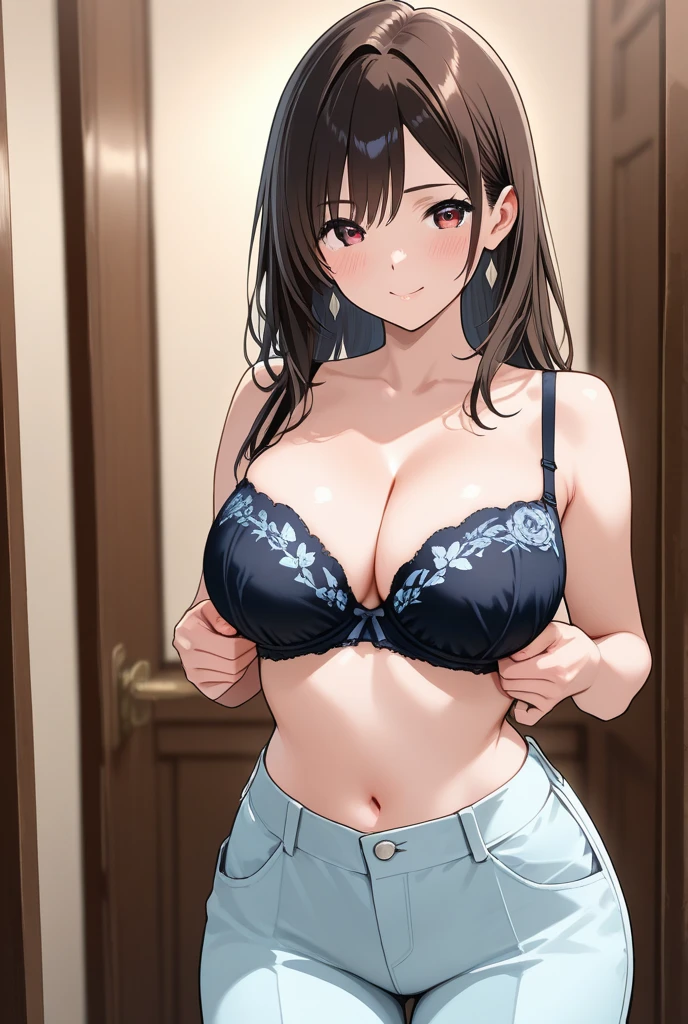 (masutepiece: 1.3), (max resolution: 1.2), (Ultra HDTV: 1.2), cinematric light, Ultra HDTV, (Detailed eyes and skin), (detailed facial features), nffsw, 8K resolution, Sharp Focus: 1.2, Perfect Style, Beautiful face, Perfect body, precise, Anatomically correct, Highly detailed face and skin texture, Detailed eyes, Dark-blue eyes, Double eyelids, Thin eyebrows, glitter eyeliner: 1.2, Natural cheeks, Glossy skin, Fair skin: 1.2, shiny little necklace and earrings, (Glossy lips: 1.4), BREAK, One-person viewpoint, (She is a very cute female teacher), (Blue lace panties、Stockings), ( smile: 1.2), ((a Innocent and cute girl:1.3)), (Long Wave Hair), (ligh brown hair:1.2),  (Cowboy Shot: 1.2), BREAK, ((Very intimate relationships: 1.2)), medium , ((Looking at Viewer:1.2)), (Ryokan rooms:1.2)), ((Bend your knees and open your :1.2)), (From Side:1.2), Hocus pocus all over the body, Full body photo,low  angle shot,Off-the-shoulder mini dress　jeans miniskirt　Embarrassed look　Kamimei,