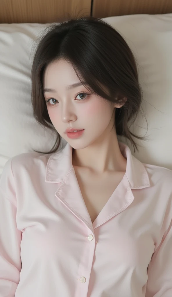 (Highest quality, masterpiece:1.3), shape, ((Beautifully detailed face)), beautifully detailed skin, Intricate details, Very detailed, Best image quality in 8K, The true picture () (18 year old high school girl:pajamas),A Japanese girl,Baby Face,(Detailed Hair,Bobcut:1.4,Black Hair),Detailed lips,Open your mouth,(Lying in bed,Sleep on your back:1.2,Top View),blush,Embarrassing,Realistic Face,Realistic Skin,(sexy:2.0,Clothes are disheveled),(Vibrant Skin,Moisturized Skin:1.2),Vivid lips,Lip gloss