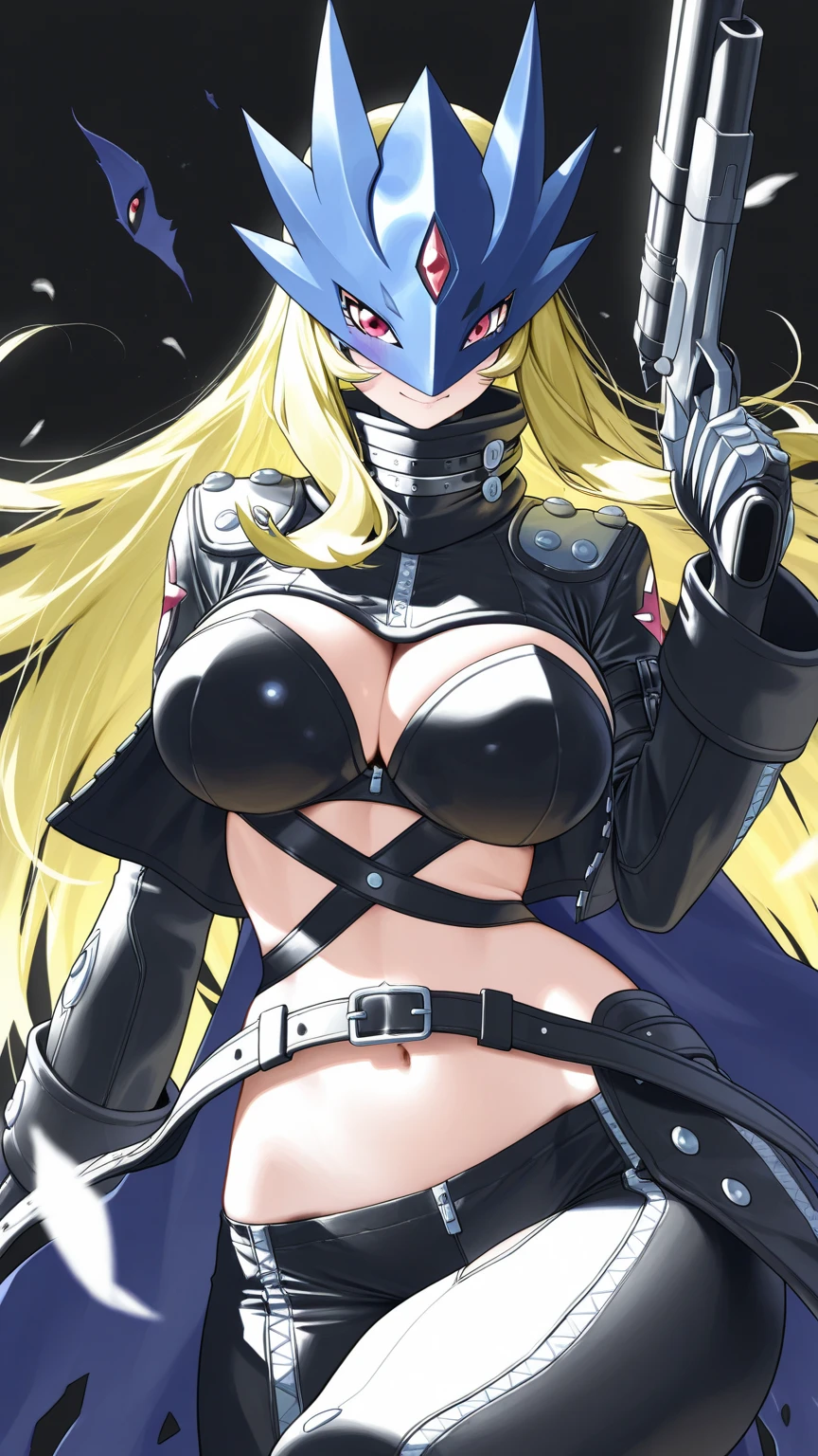 top-quality、Top image quality、​masterpiece、Teenage girl((Long coat in black、Black Leather Sports Bra、Shining red body line、black leather glow black leather pants、18year old、 Ager、Best Bust、big bast,Beautiful light blue eyes, Long Blonde Hair、A slender,Large valleys、Reflecting the whole body、black mechanic helmet、Black visor、With revolver、fighting poses)),hiquality、Beautiful Art、Background with((Dark world、Darknesian dragon army、demon realm))​masterpiece、depth of fields,Japan Anime Style