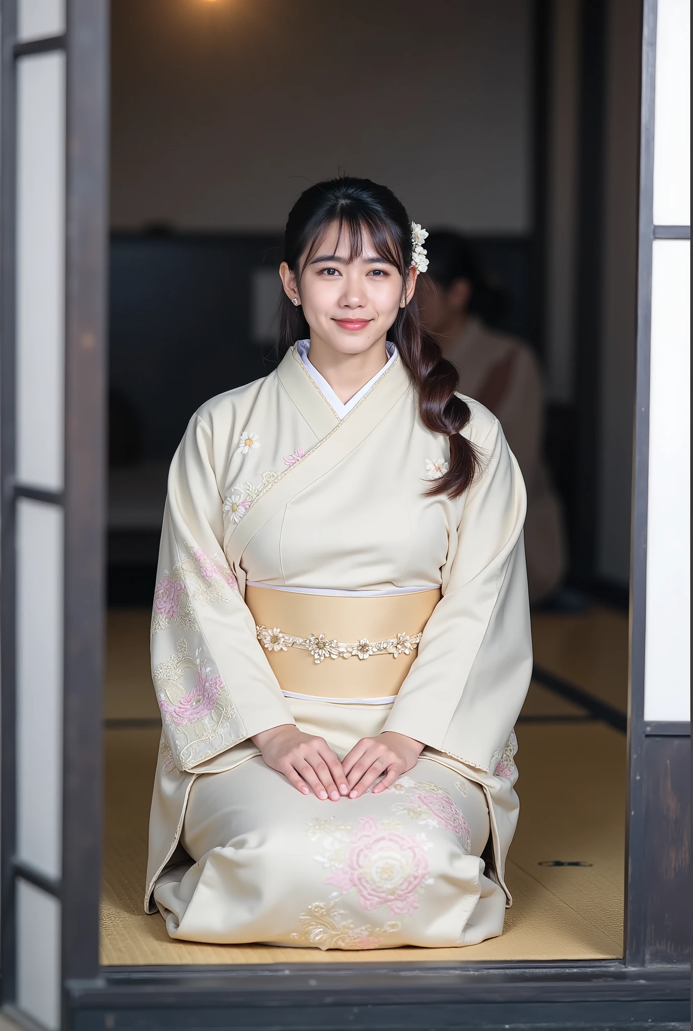 A graceful young woman sitting in a traditional Japanese tatami room, positioned at the entrance. She is wearing an **elegant pale cream-beige kimono** with **subtle pastel patterns** near the hem and a **light gold obi belt** tied neatly around her waist, decorated with delicate embroidery. Her posture is formal, sitting in **seiza style** with hands gently folded on her lap.
She has **smooth porcelain-like skin**, soft natural makeup, **light pink lips**, and **long dark hair styled into a side braid**, adorned with **white floral hair accessories**. Her straight bangs frame her face perfectly, giving her a calm and refined appearance. The background is softly blurred, showing details of a **traditional Japanese interior**, with muted lighting and a peaceful atmosphere.
**Lighting & Mood:**
* Soft natural lighting from the side
* Warm, serene, and elegant ambiance
* High-resolution portrait
* Traditional Japanese aesthetics
**Style Suggestions (optional):**
* Realistic photography
* Cinematic portrait
* Fashion catalog style
* Fine-art photography