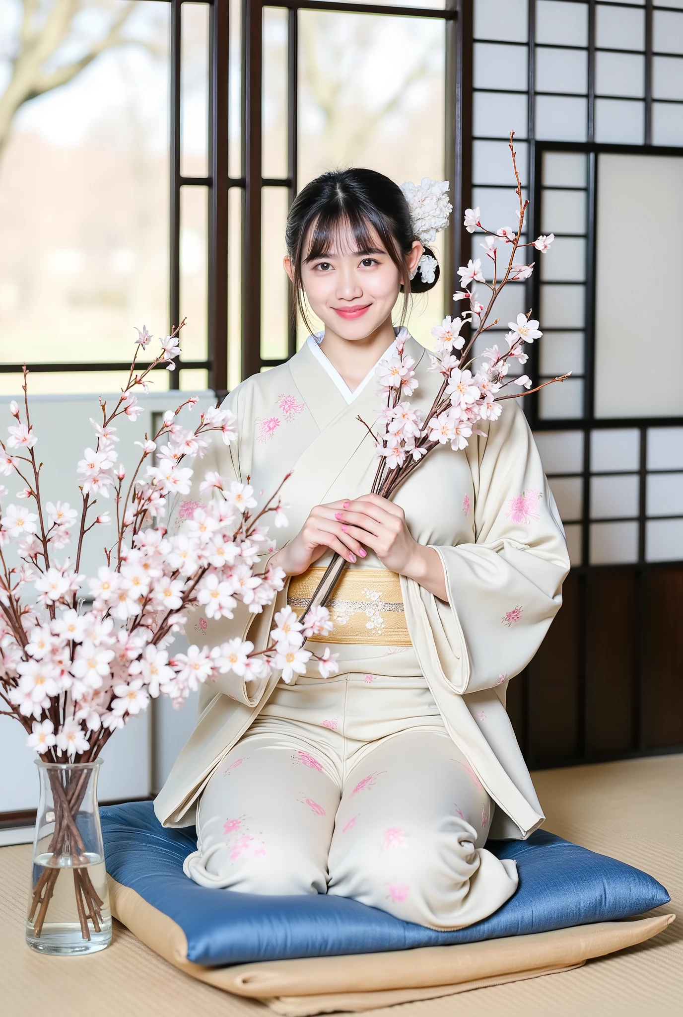 A graceful young woman sitting on a blue traditional cushion in a Japanese tatami room. She is wearing an **elegant pale cream kimono with soft pastel floral patterns** and a **light gold obi belt**, tied neatly around her waist. She holds a bouquet of **delicate cherry blossom branches** mixed with white and blush pink flowers. A vase with similar flowers is placed beside her.
Her hair is styled in a tidy side braid with **white floral hair accessories**, and she has **straight bangs framing her face**. She has a gentle expression and a soft smile. The background shows **traditional sliding shoji doors and wooden interior**, with soft daylight coming in through the windows, giving a calm and serene atmosphere.
**Visual Style (optional):**
* High-resolution portrait photography
* Soft natural lighting
* Elegant & traditional Japanese aesthetic
* Calm and poetic mood
* Fine-art / magazine cover style