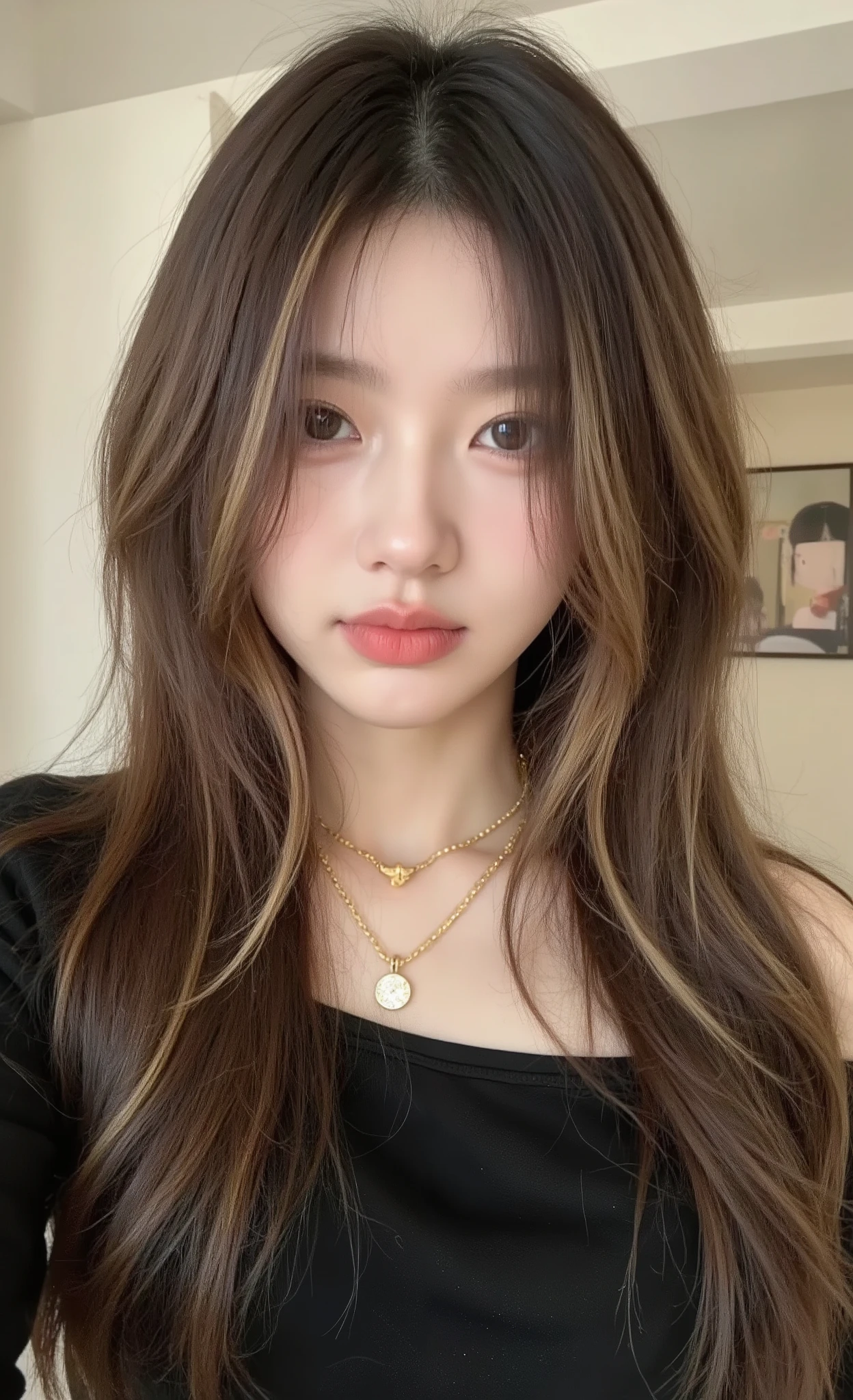 A young woman with long, loose hair with a mix of warm brown and blonde highlights. Her hair cascades in loose waves over her shoulders and down her chest. She wears a black off-the-shoulder sweater, adding a touch of elegance to her look. Around her neck are layered gold necklaces, one with a pendant, , promoting a sense of sophisticated style. The background suggests an indoor setting with soft, natural light, that accentuates the texture and color of her hair. The overall atmosphere is warm and welcoming, accentuating feminine fashion and the richness of her hair.