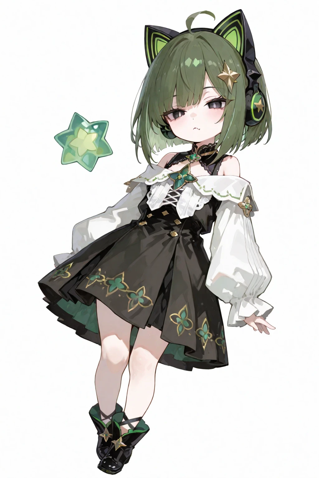 A girl，Standing picture，whole body，Character Design，Bow ruffles，Green Hair，Green Hair，curls，Dissemination