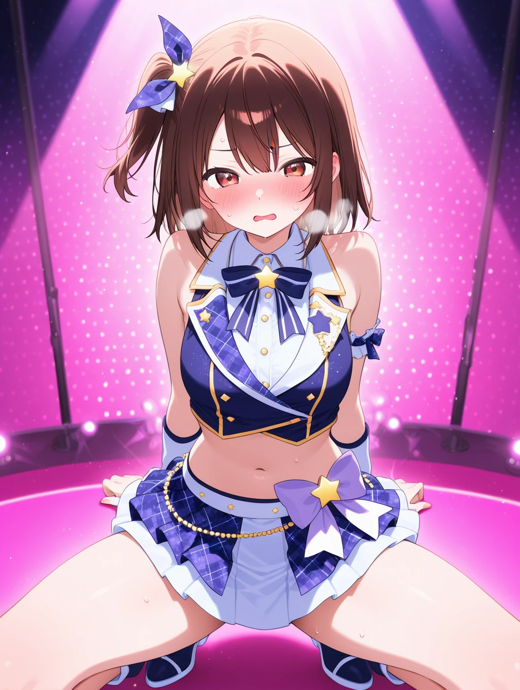 brown eyes, tan, tanlines, one-piece tan, hair ornament, brown hair, hair ornament, solo, fang, hair bobbles, short hair. two side up,, (large breasts:1.5), live stage, 11years old nipple blazer uniform, Blazer skirt,  alone,