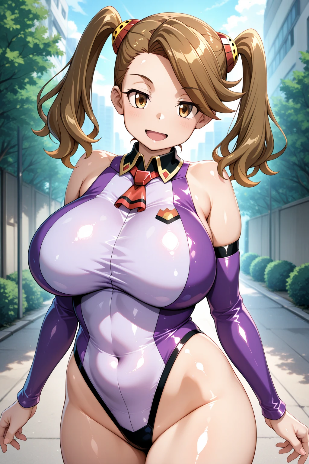 Top image quality, top-quality, perfect anatomia, hight resolution, ultra-detailliert, 8k wallpaper, Textured, 细节, Unique, nffsw, extremely details CG, Hisato Higashi, 女の子1人, 独奏, full body Esbian, is standing, poneyTail, brown_hair, bangss, brown_Eyes, 20yr old,, see the beholder, A smile,  Face, (Beautiful fece,Large_breasts:1.4), (Beautiful_Face:1.5),(narrow_waist), Transaction service, Transaction service, Transaction service,Pink costume, Ashamed, wide , thick thighs, Huge natural , Huge , , cute smile face, bubble butts, Protruding , tight pink latex, Perky , hanging breasted, Posing, pink latex suit, Prominent 