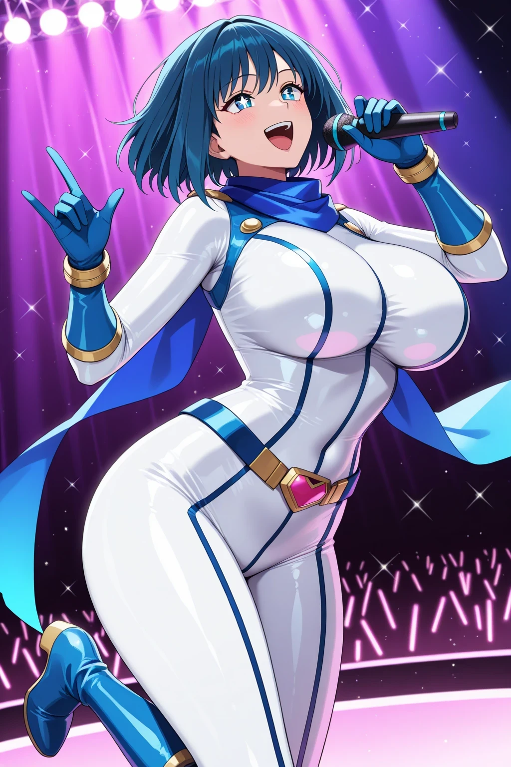 (masterpiece, best quality), absurdres, newest, intricate detail, 1girl, solo, singing, dancing, Beautiful_face, Blue_Hair, sparkling_Eyes, SFW-full_bodysuit, (((White_bodysuit))), Blue_scarf, Blue_Gloves, Blue_boots, , (Super-heroine Sea-chan), bold, adventurous, charismatic smile, (1970s Japanese Tokusatsu superheroine), holding microphone, stage, idol concert