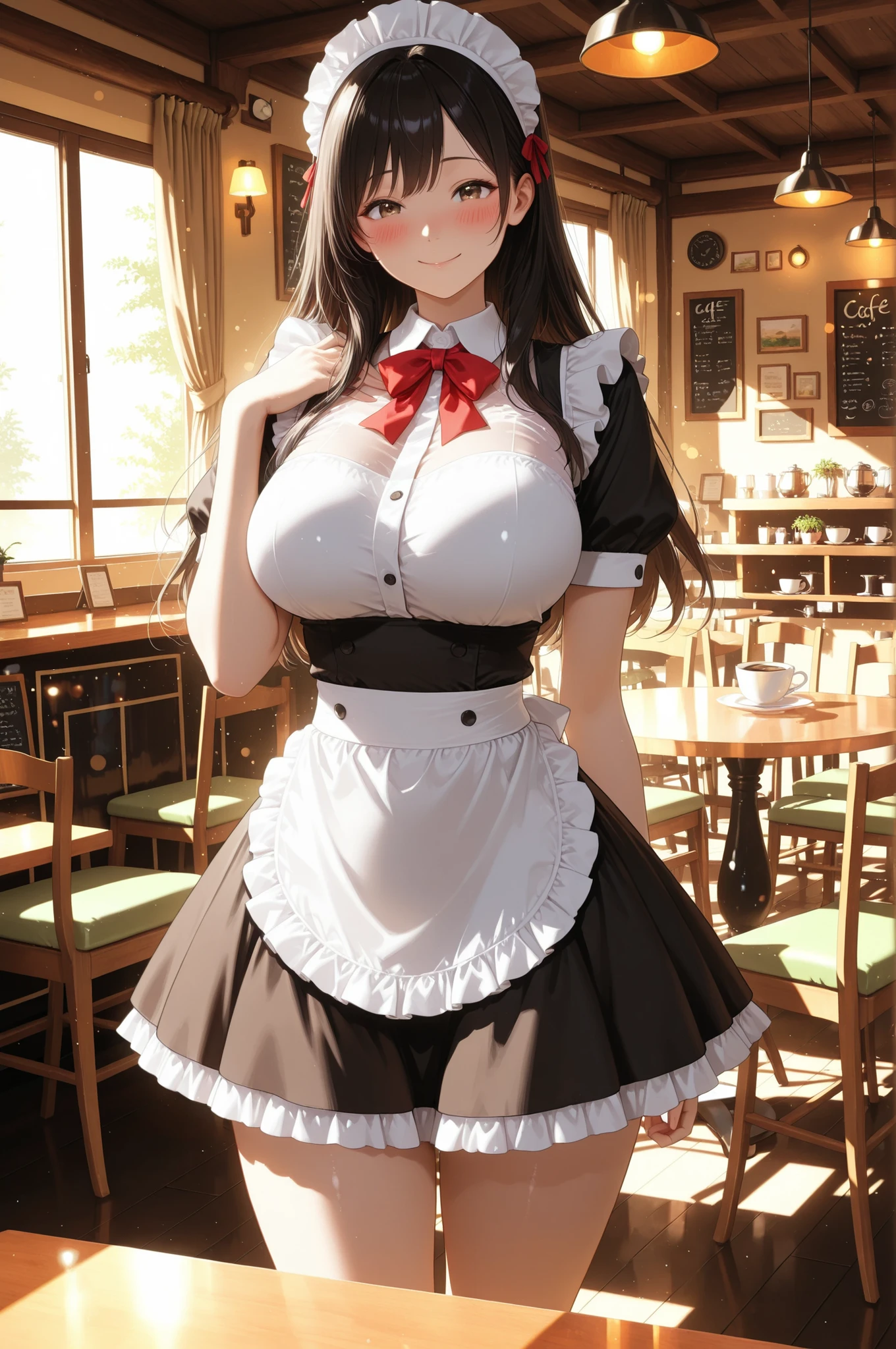 1 Beautiful Girl, beautiful, maids, clear skin, soft eyes, フリルmaids服, Headdress, ruffle skirt, big breasts, thighs, natural expression, Relaxed, long hair, (smile, Blush, hand on own shoulder), beautiful景色, (( cafe interior, table)), Relaxed Atmosphere, anime, High Quality, 4K, Very detailed expression, anime style, photorealistic, HDR, studio lighting, brightly colored, Bokeh